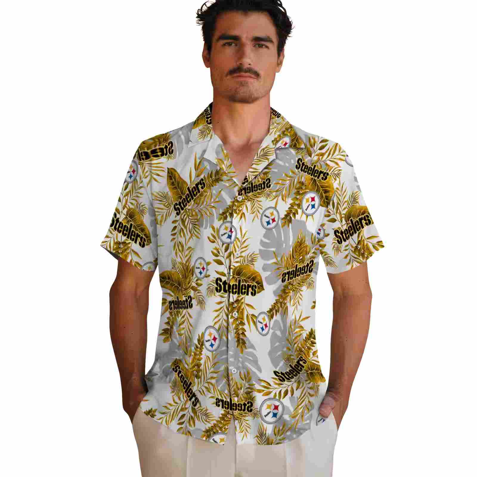 pittsburgh steelers tropical leaves white hawaiian shirt fashion forward