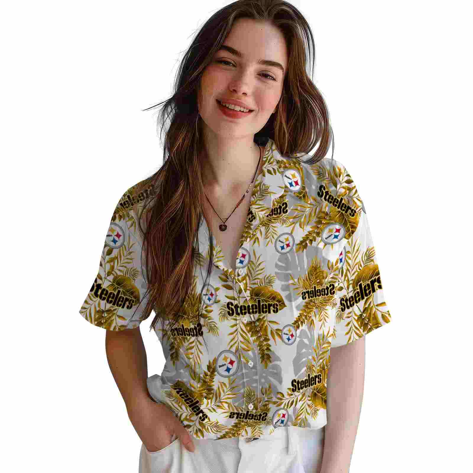 pittsburgh steelers tropical leaves white hawaiian shirt latest model