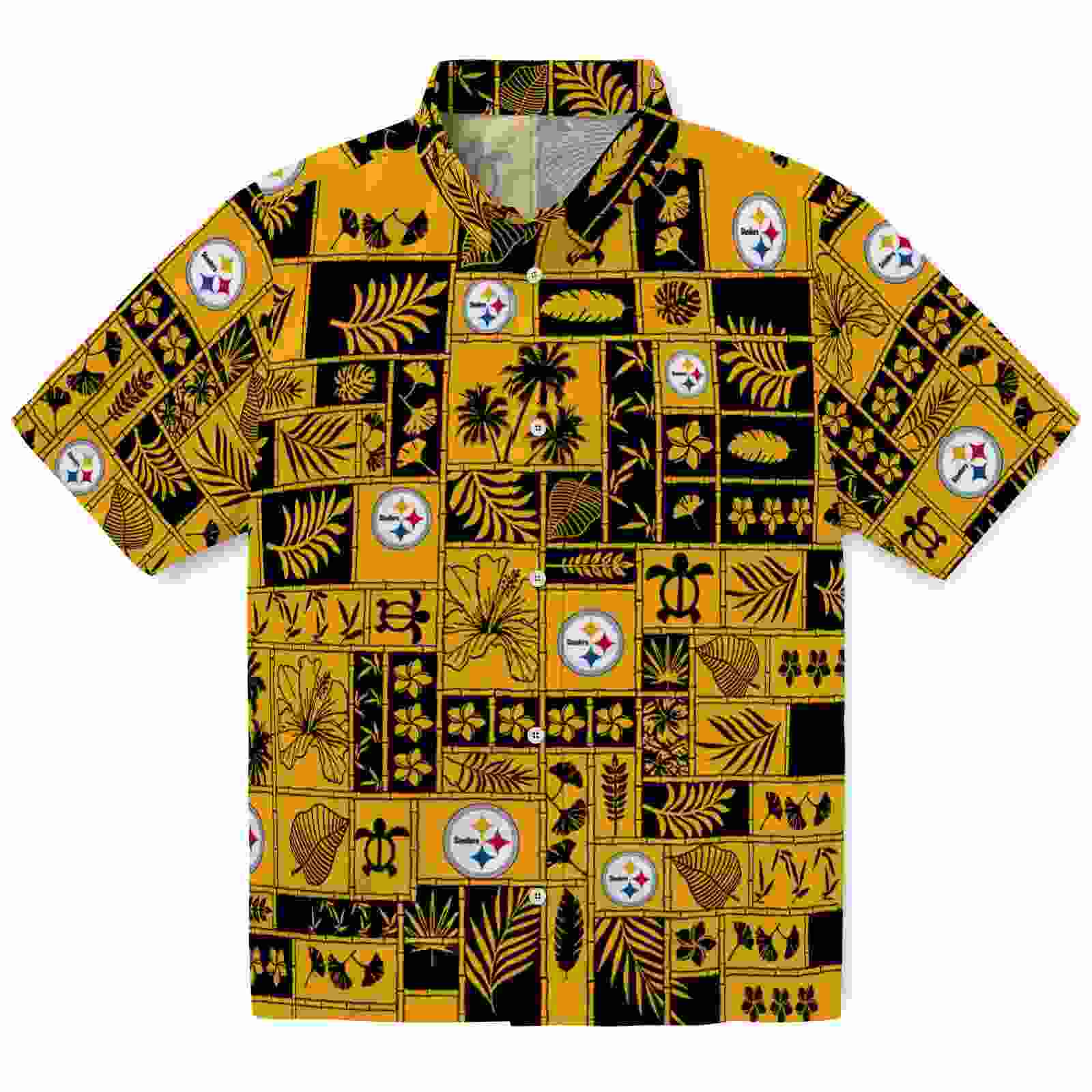 Pittsburgh Steelers Tropical Patchwork Gold Black Hawaiian Shirt