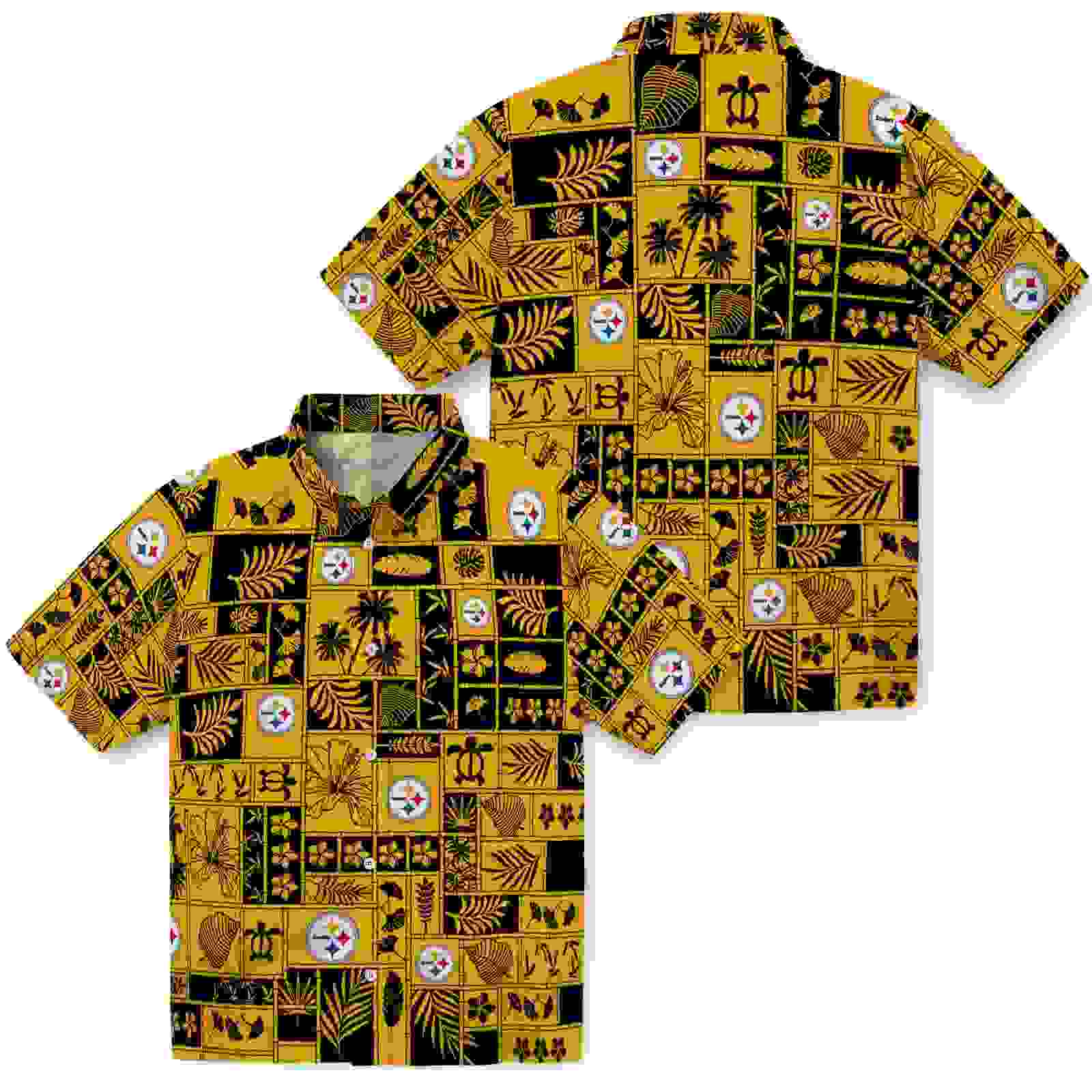 pittsburgh steelers tropical patchwork gold black hawaiian shirt high quality