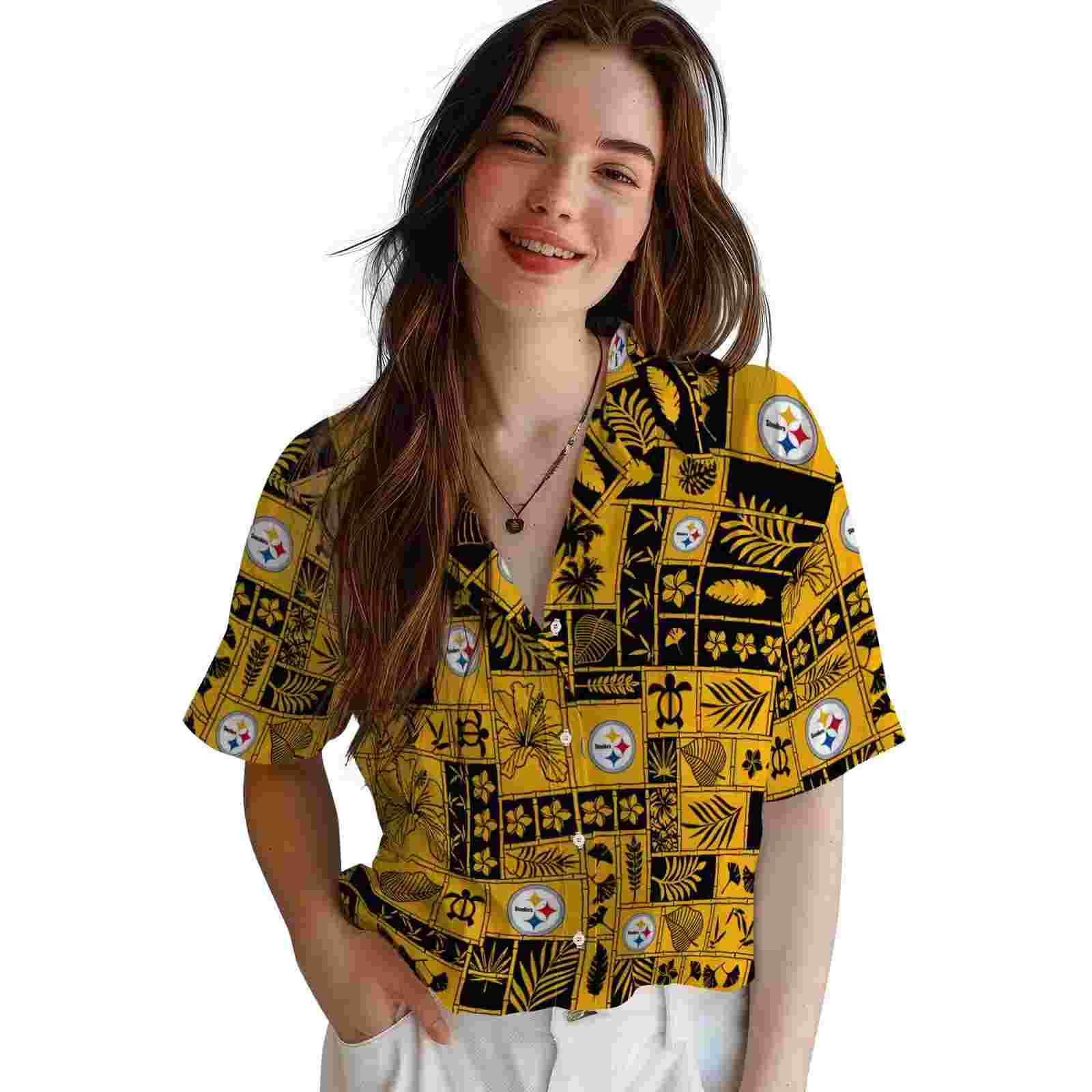 pittsburgh steelers tropical patchwork gold black hawaiian shirt latest model