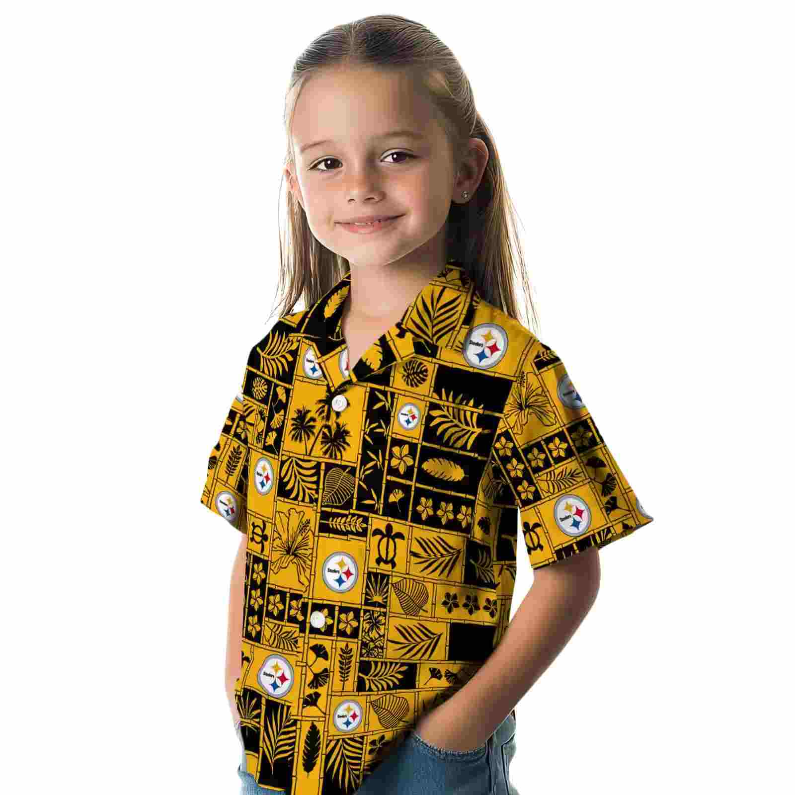 pittsburgh steelers tropical patchwork gold black hawaiian shirt premium grade