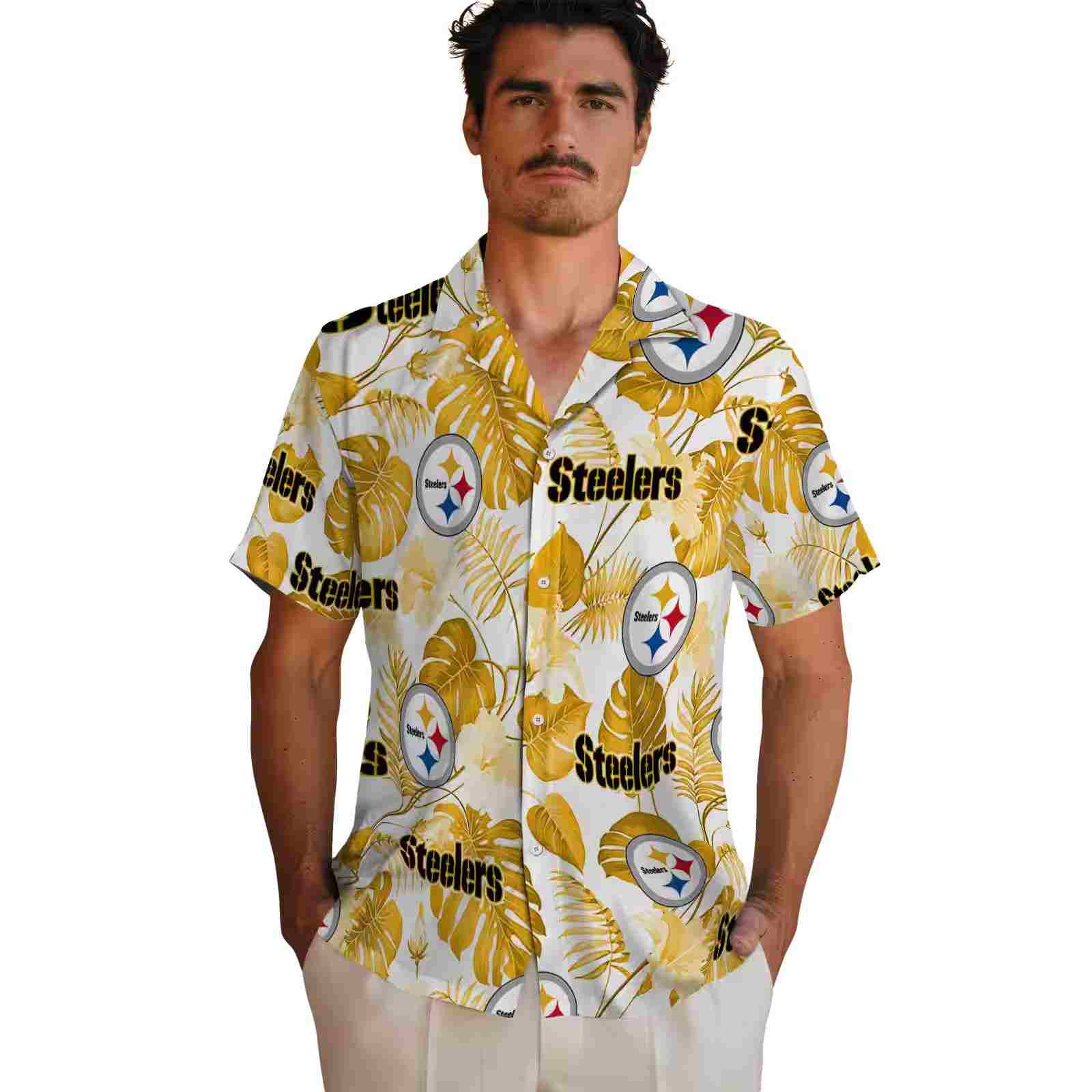 pittsburgh steelers tropical plants gold white hawaiian shirt fashion forward