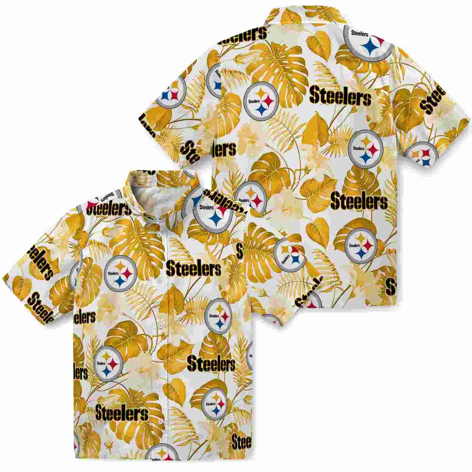 pittsburgh steelers tropical plants gold white hawaiian shirt high quality