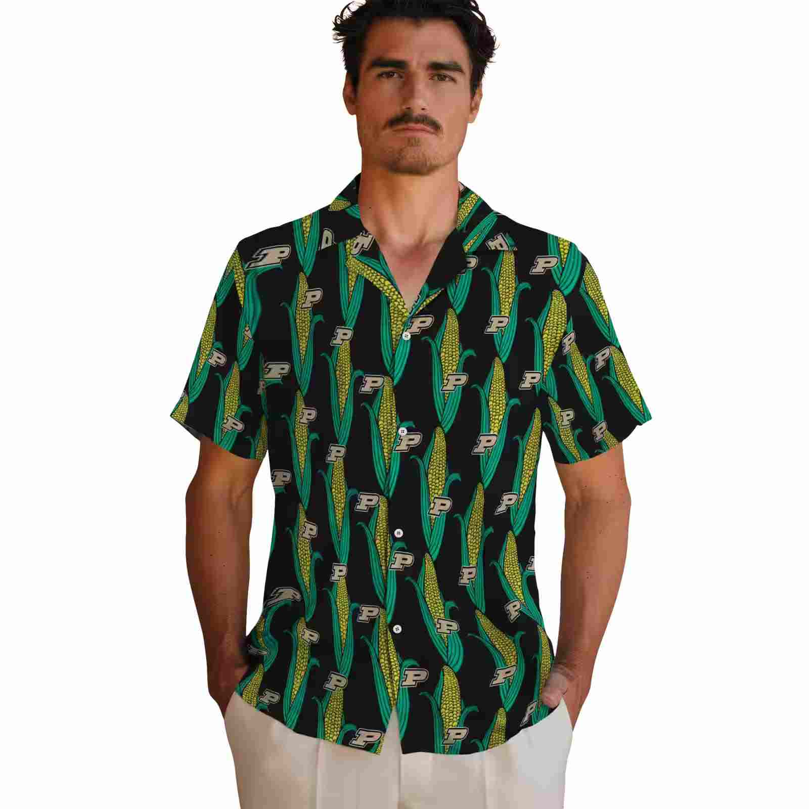 purdue boilermakers corn motifs black green hawaiian shirt fashion forward