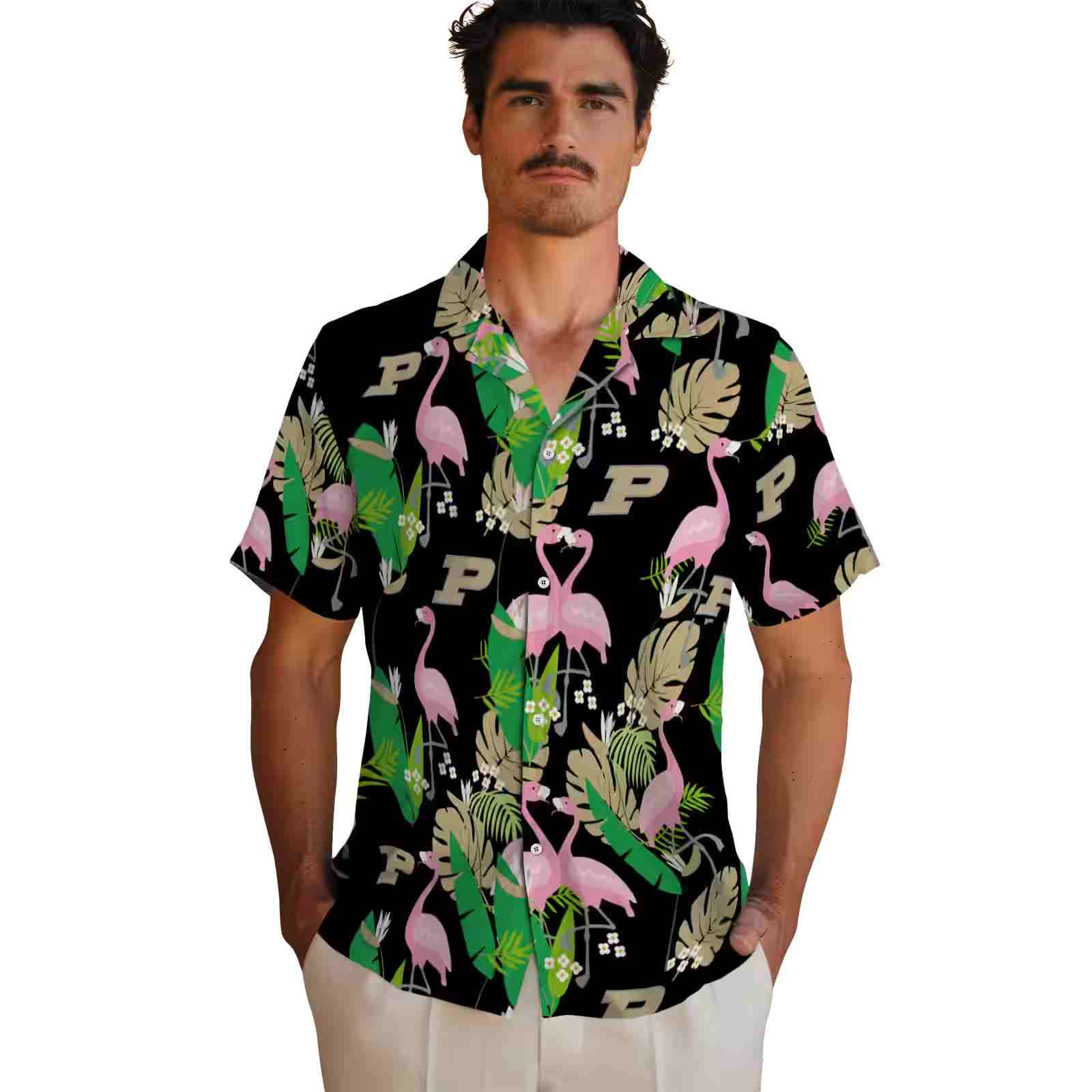 purdue boilermakers flamingo foliage gold green hawaiian shirt fashion forward