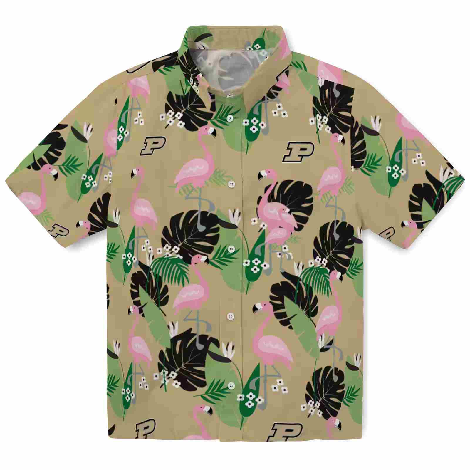 Purdue Boilermakers Flamingo Leaf Motif Gold Hawaiian Shirt