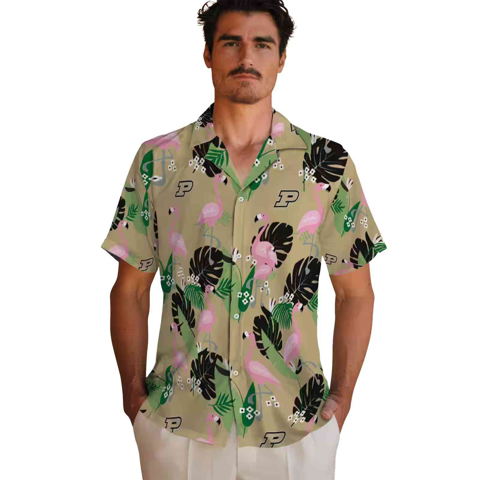 purdue boilermakers flamingo leaf motif gold hawaiian shirt fashion forward