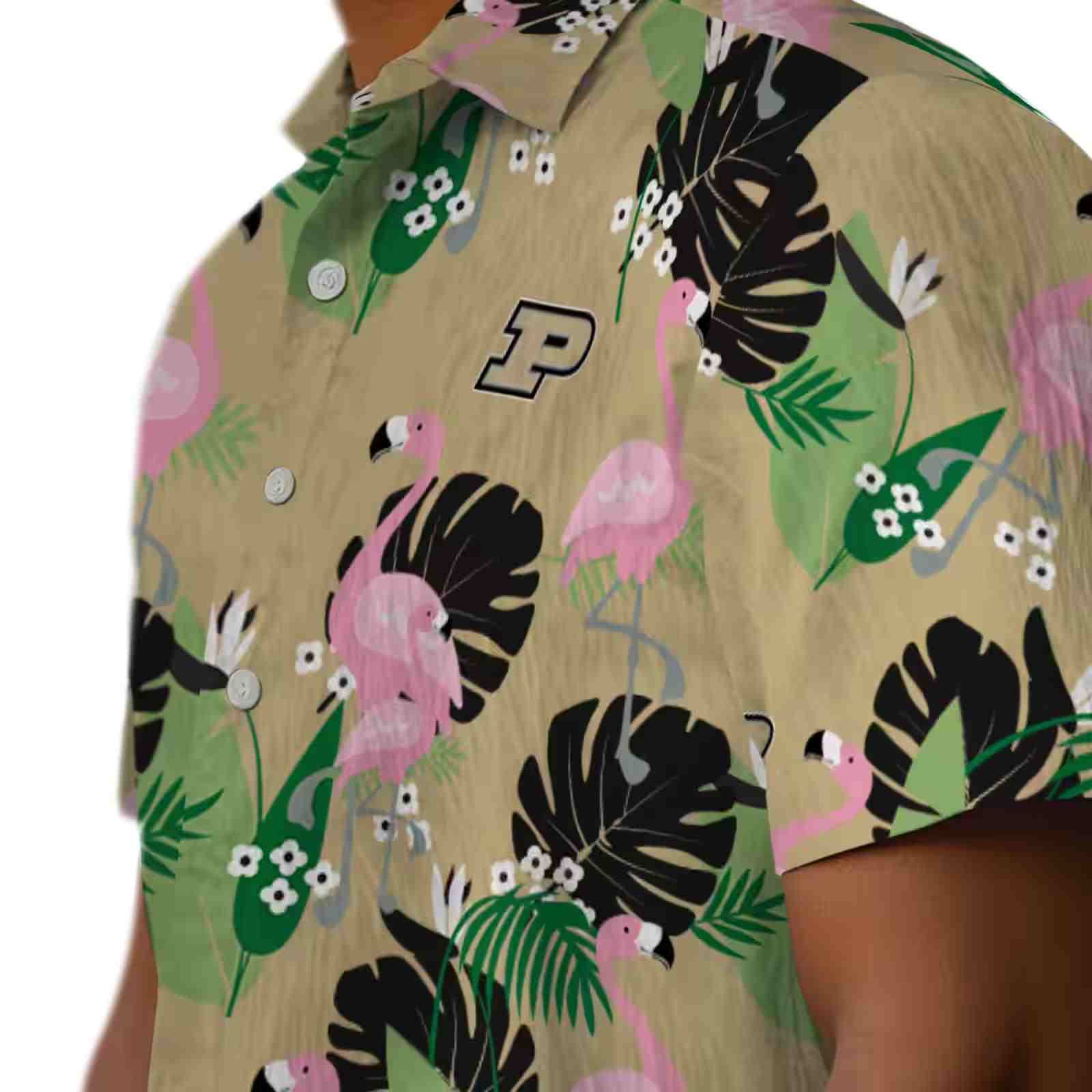 purdue boilermakers flamingo leaf motif gold hawaiian shirt trendy