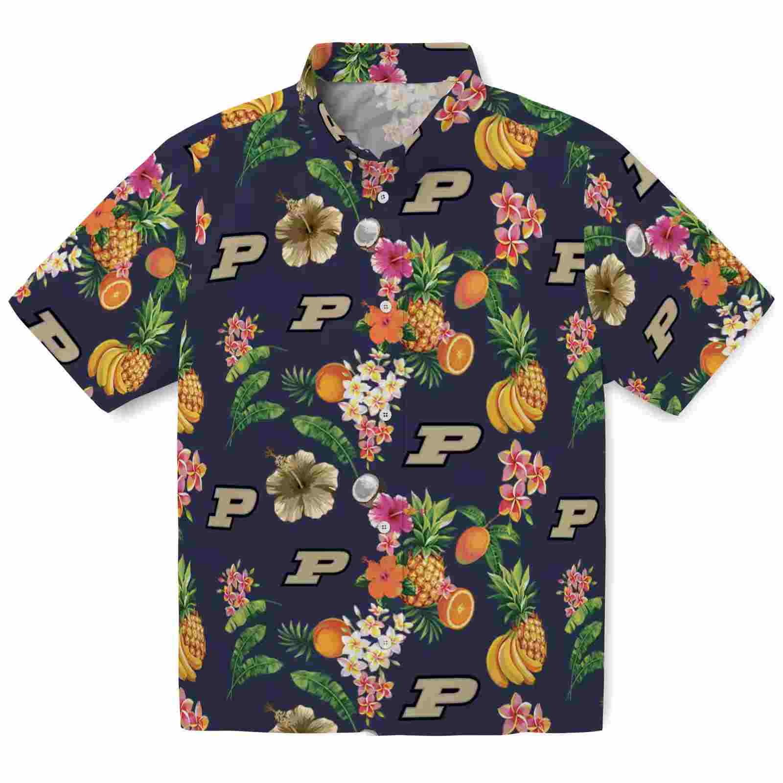 Purdue Boilermakers Hibiscus And Fruit Navy Blue Hawaiian Shirt