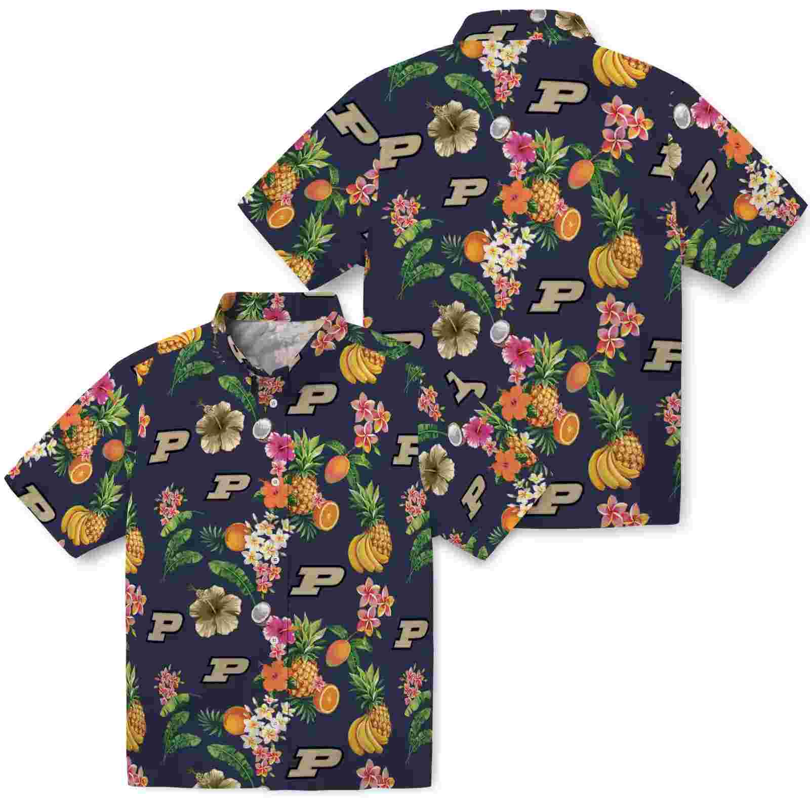 purdue boilermakers hibiscus and fruit navy blue hawaiian shirt high quality