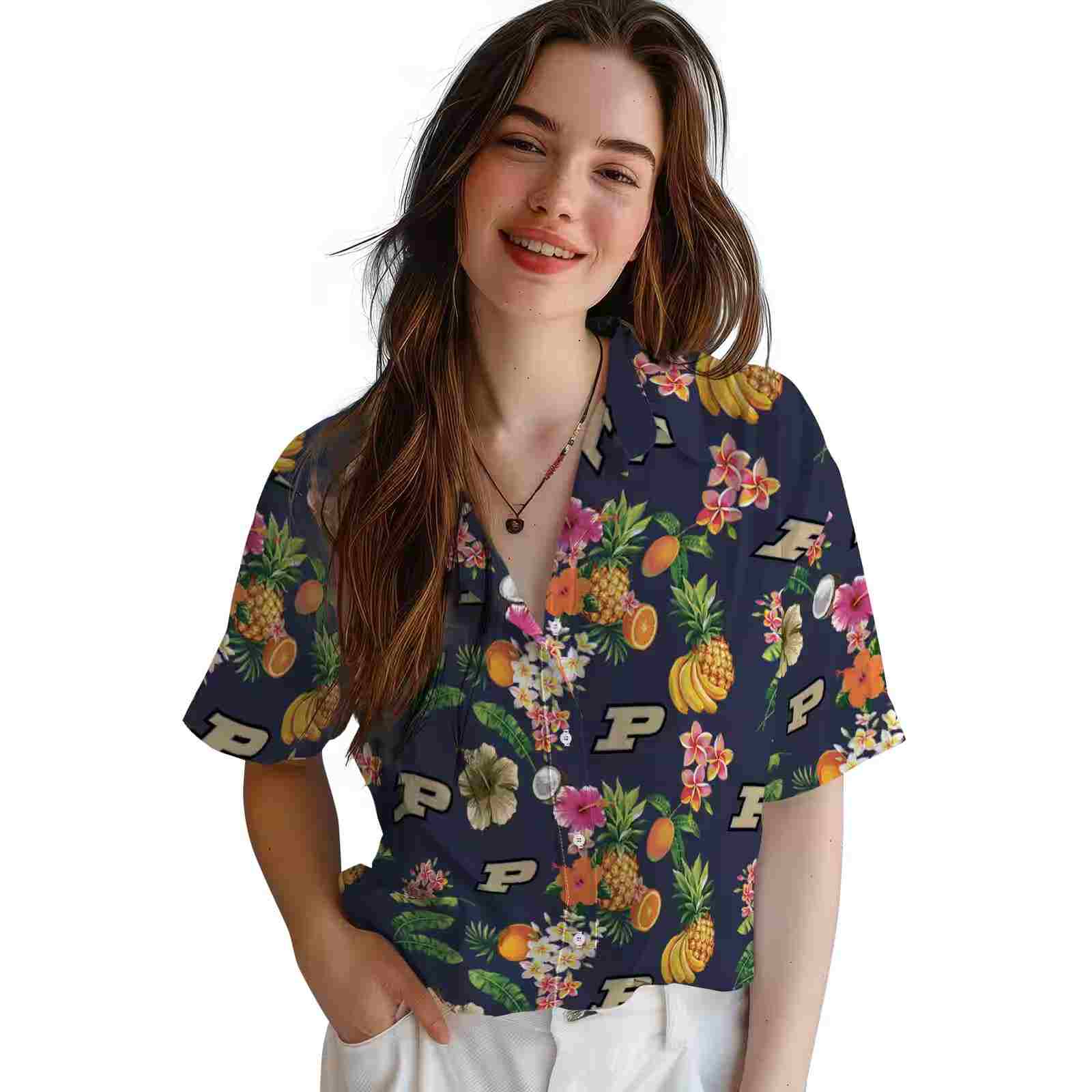 purdue boilermakers hibiscus and fruit navy blue hawaiian shirt latest model