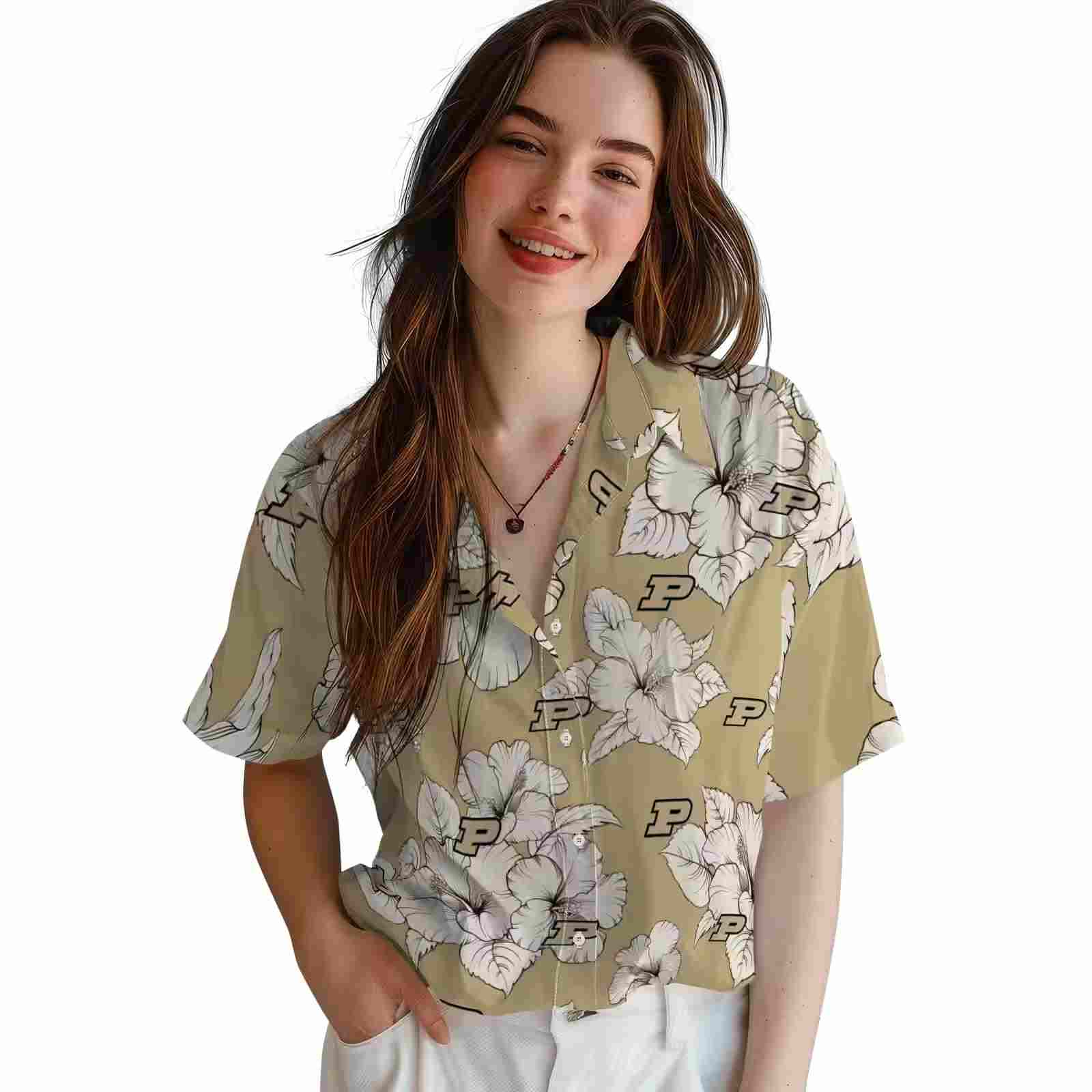 purdue boilermakers hibiscus blooms gold white hawaiian shirt latest model