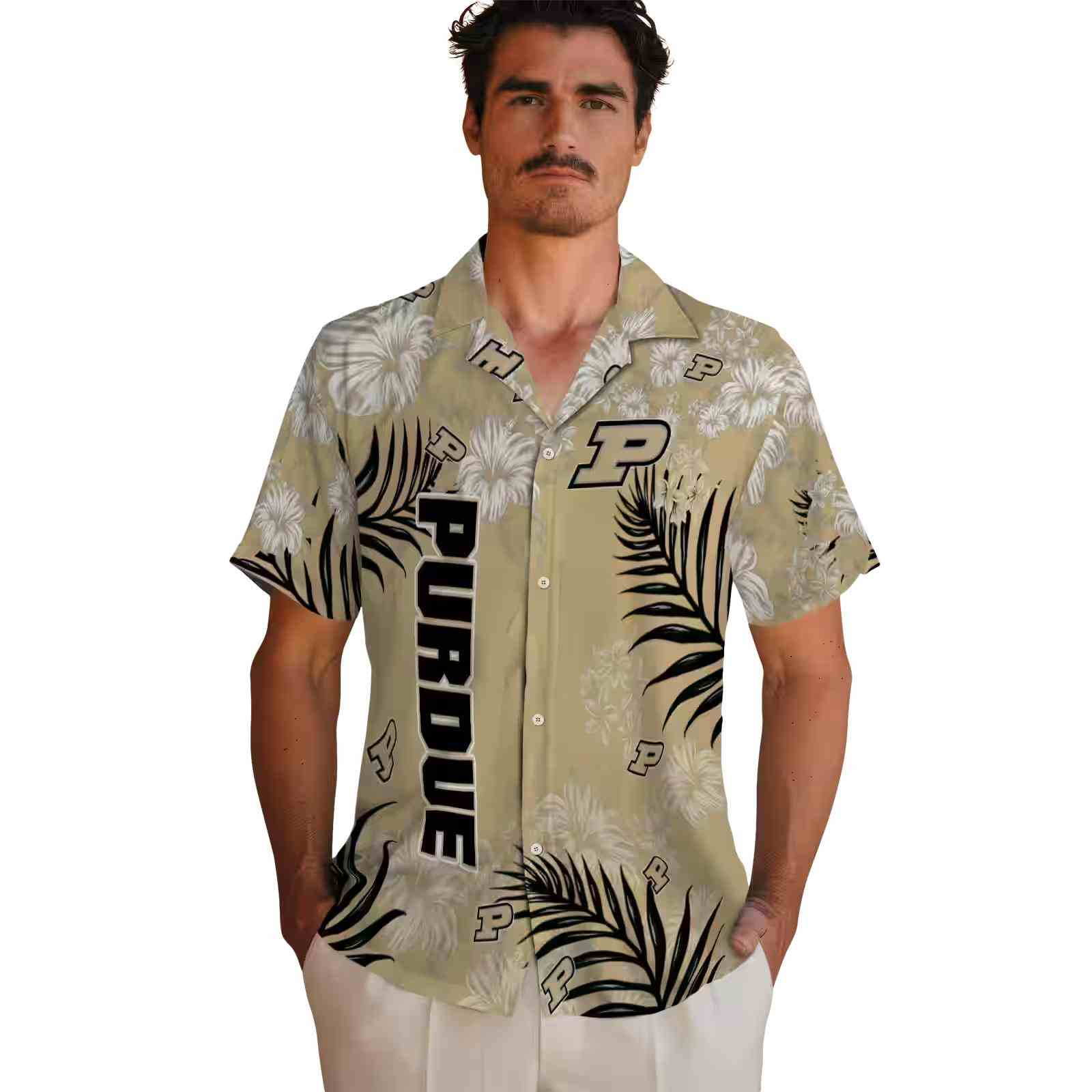 purdue boilermakers hibiscus print gold hawaiian shirt fashion forward