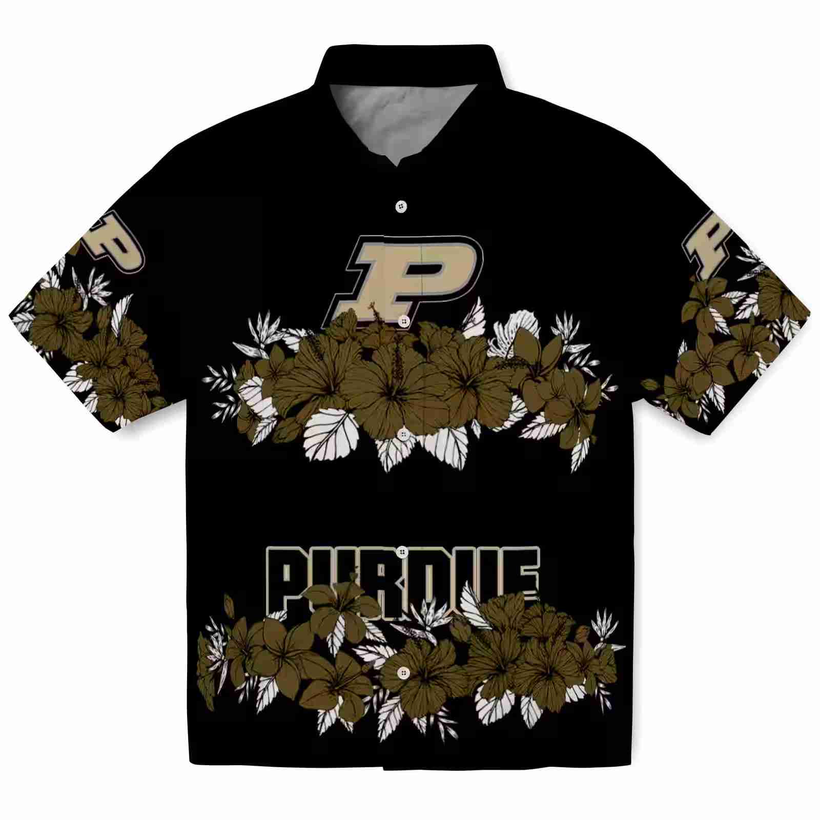 Purdue Boilermakers Hibiscus Stripe Gold Black Hawaiian Shirt