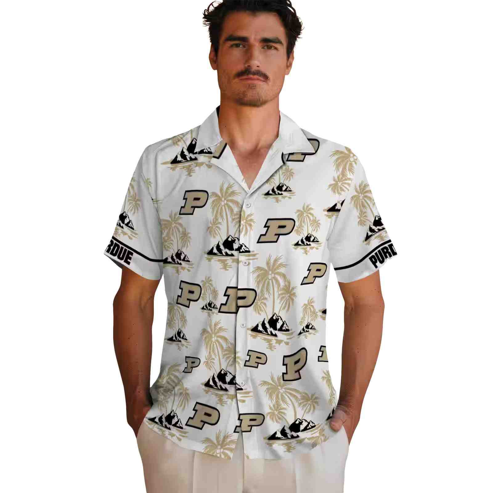 purdue boilermakers palm island print gold white hawaiian shirt fashion forward