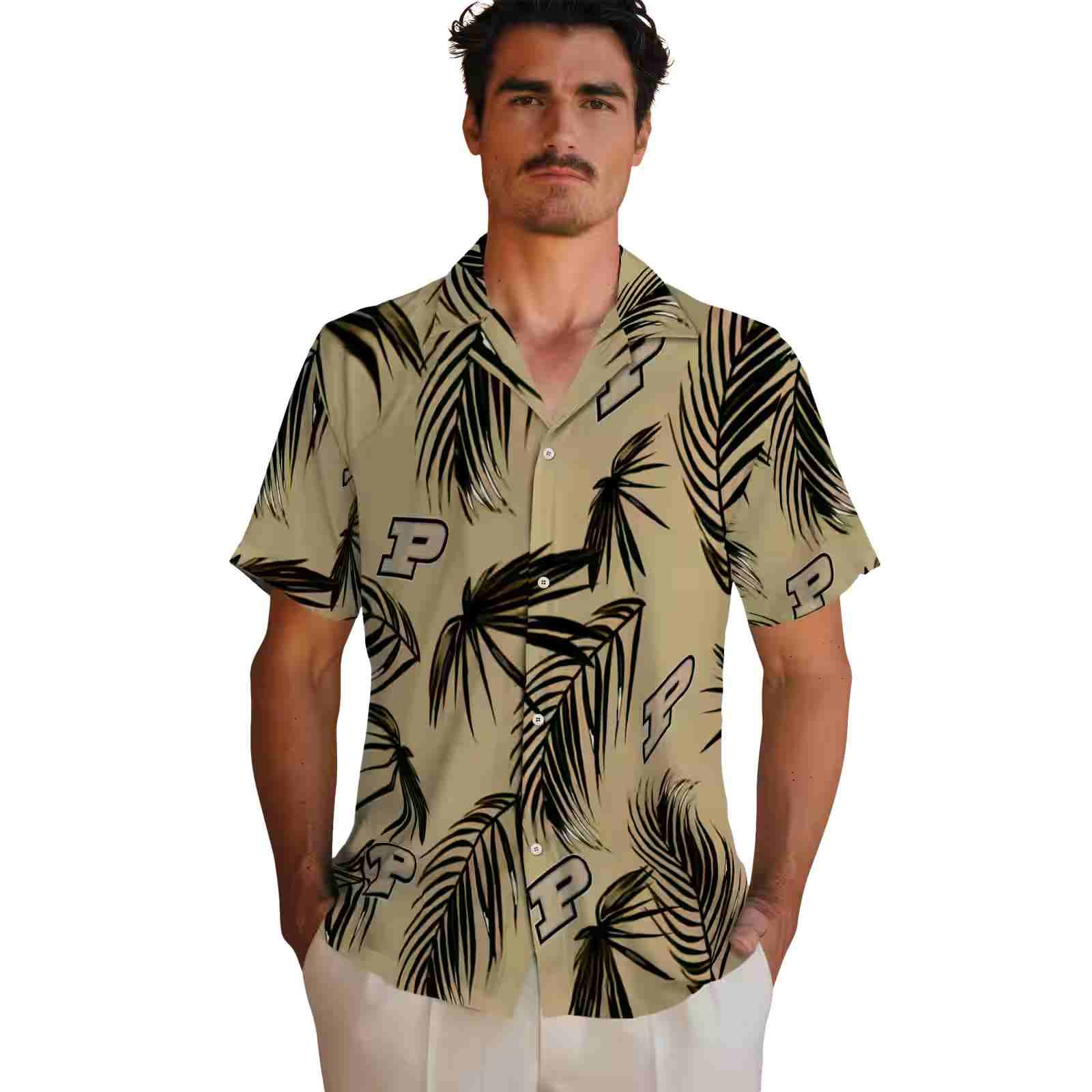 purdue boilermakers palm leaf gold hawaiian shirt fashion forward