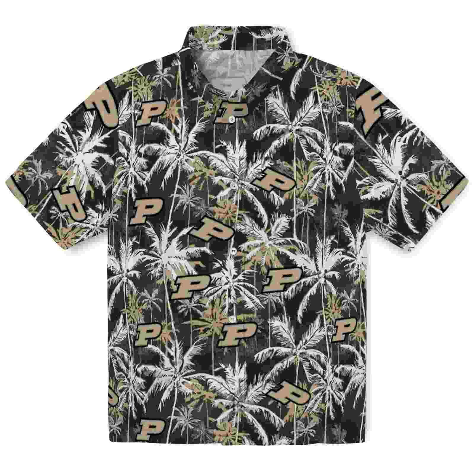 Purdue Boilermakers Palm Pattern Gold Black Hawaiian Shirt