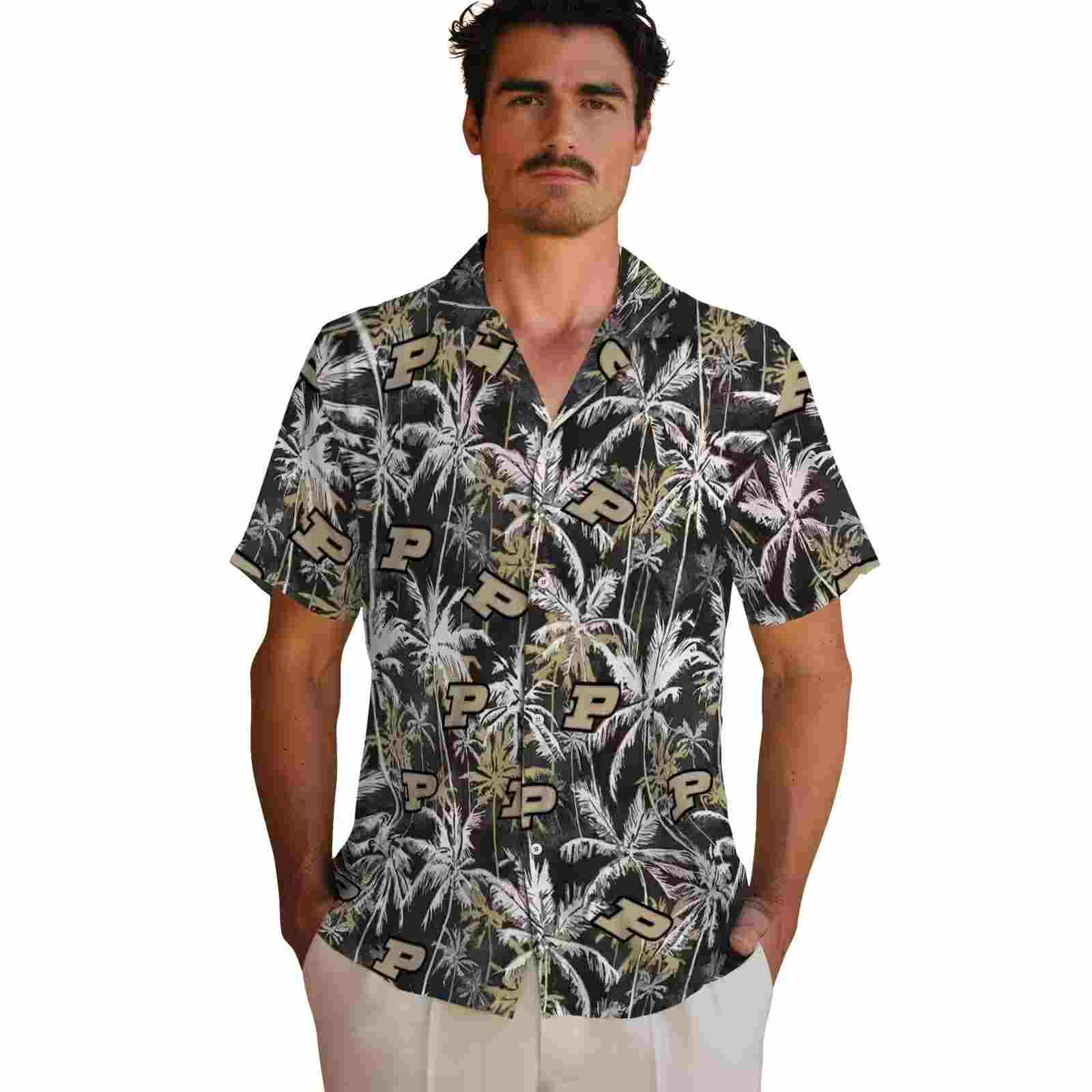 purdue boilermakers palm pattern gold black hawaiian shirt fashion forward