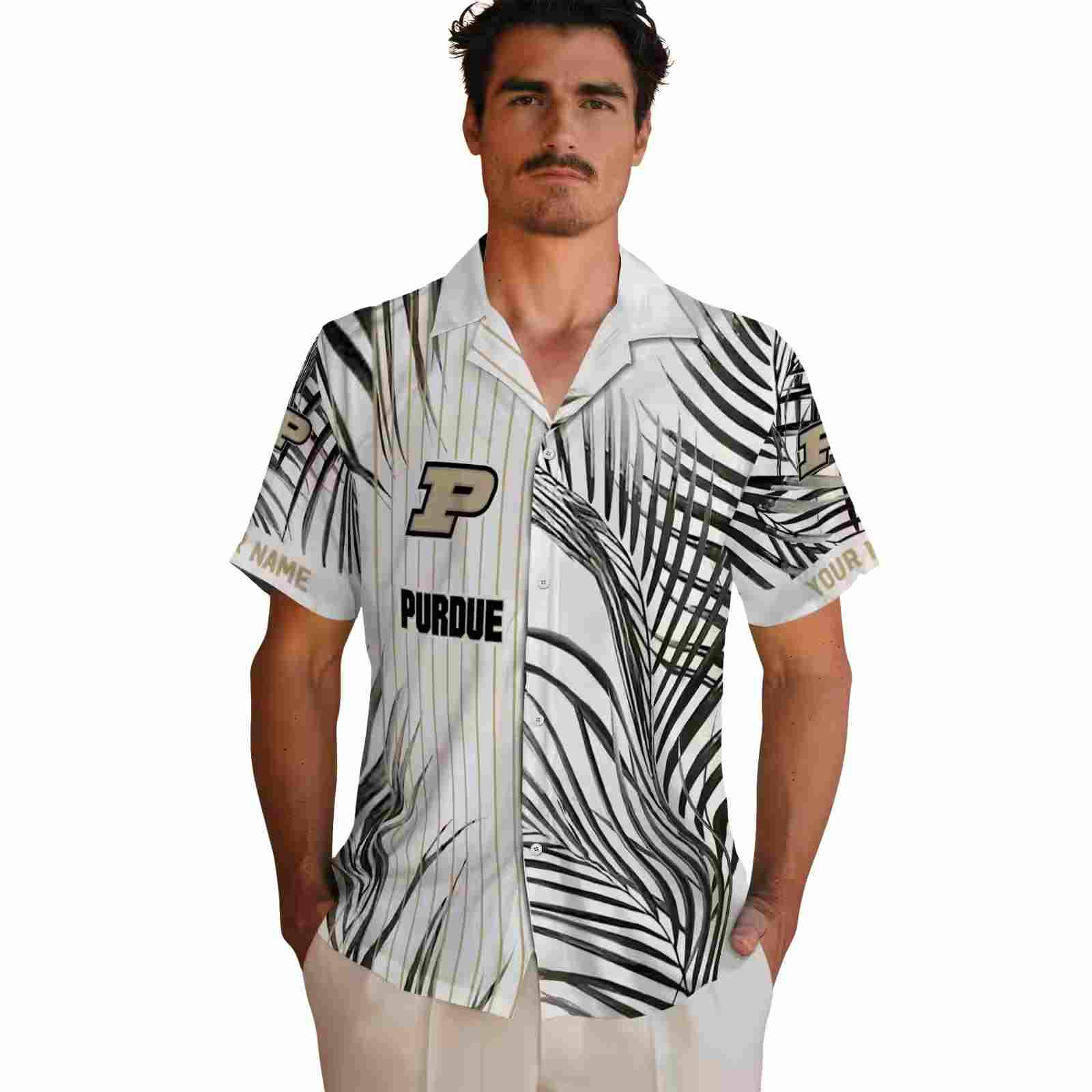 purdue boilermakers palm stripes gold black white hawaiian shirt fashion forward