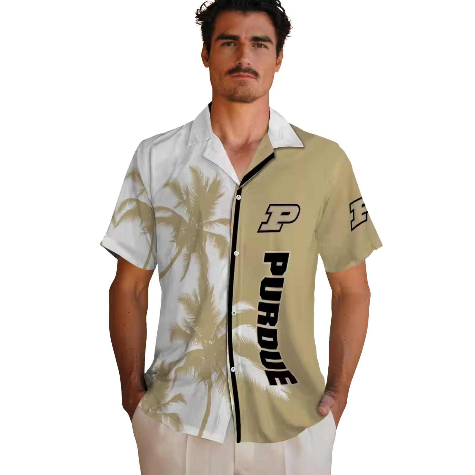 purdue boilermakers palm trees gold white hawaiian shirt fashion forward