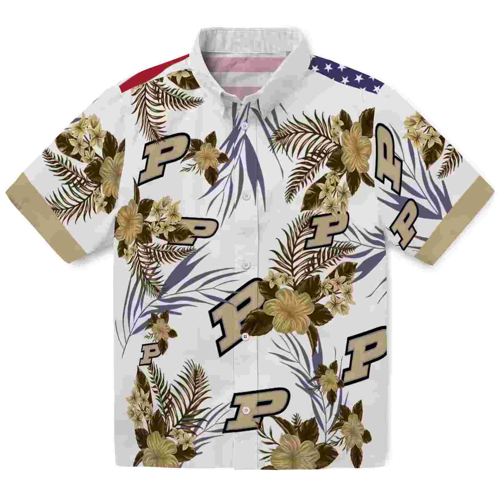 Purdue Boilermakers Patriotic Hibiscus Design Gold White Hawaiian Shirt