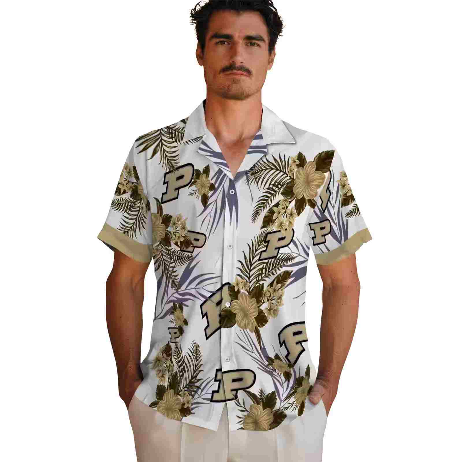 purdue boilermakers patriotic hibiscus design gold white hawaiian shirt fashion forward