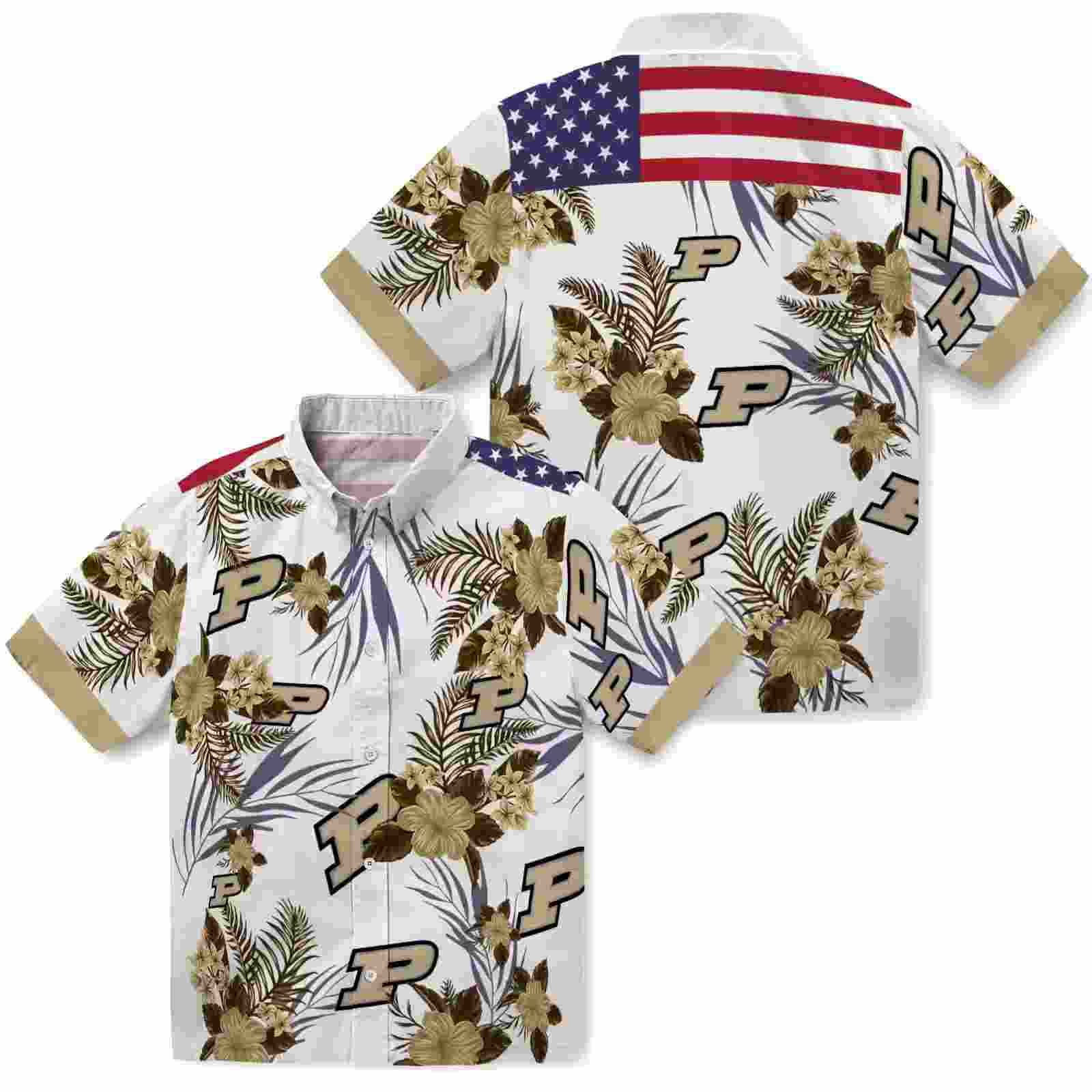 purdue boilermakers patriotic hibiscus design gold white hawaiian shirt high quality