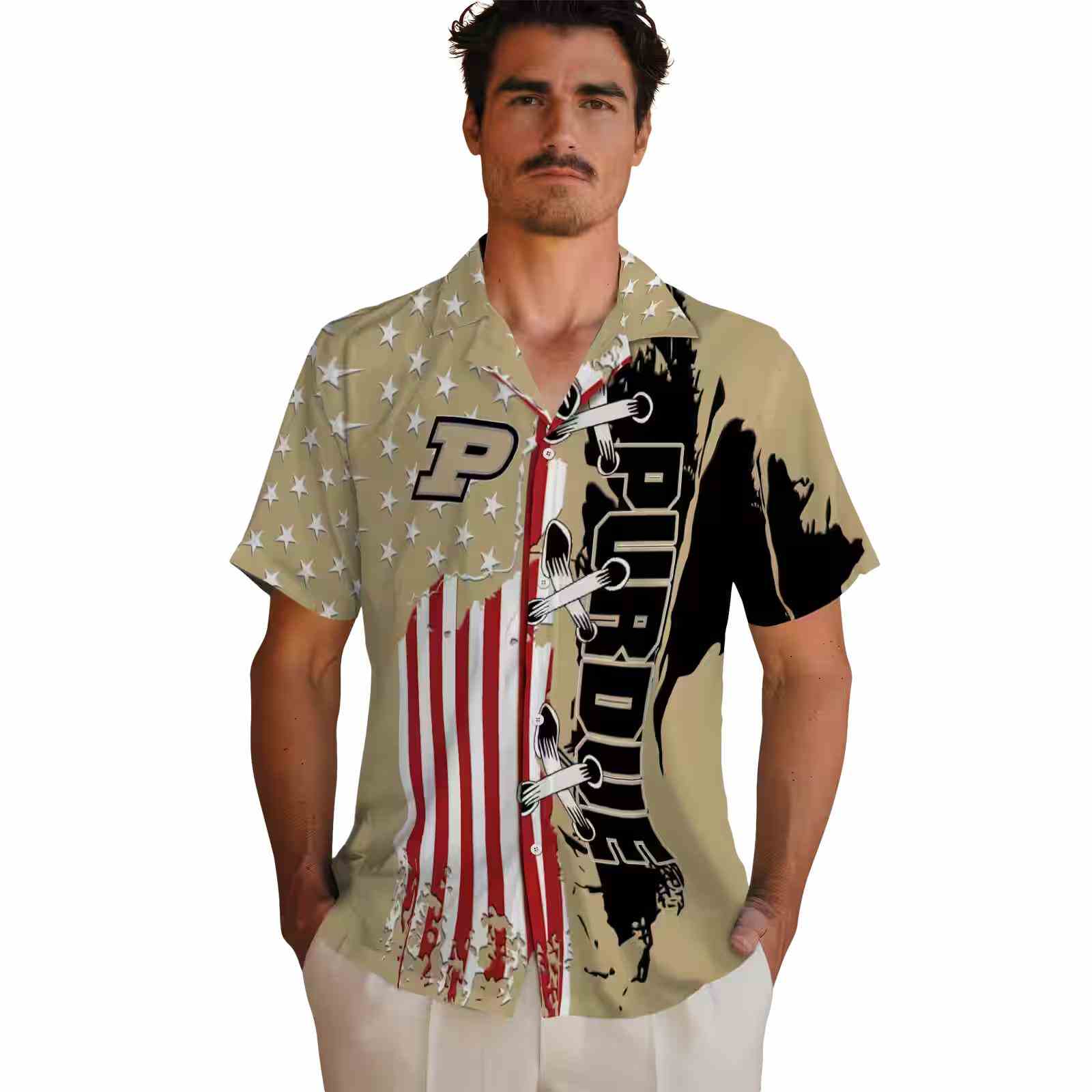 purdue boilermakers stitched flag gold hawaiian shirt fashion forward