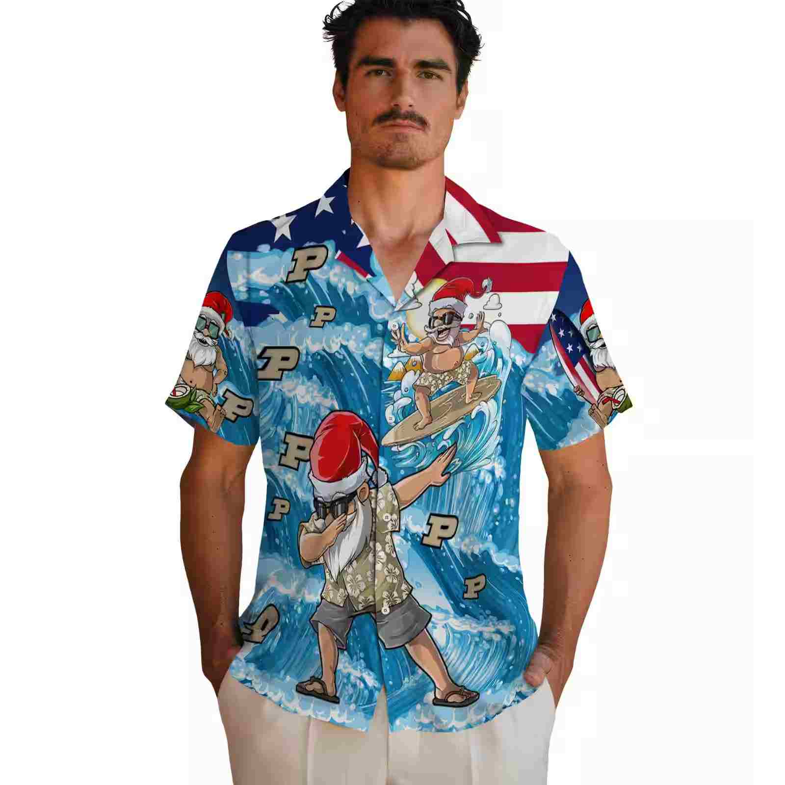 purdue boilermakers surfing santa blue hawaiian shirt fashion forward