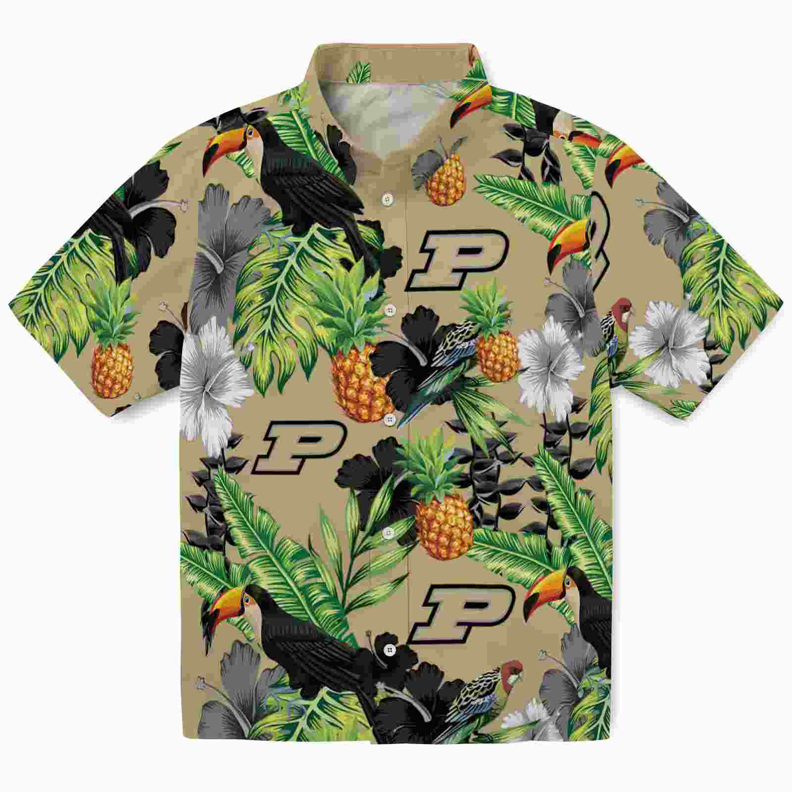 Purdue Boilermakers Toucan Hibiscus Pineapple Gold Green Hawaiian Shirt