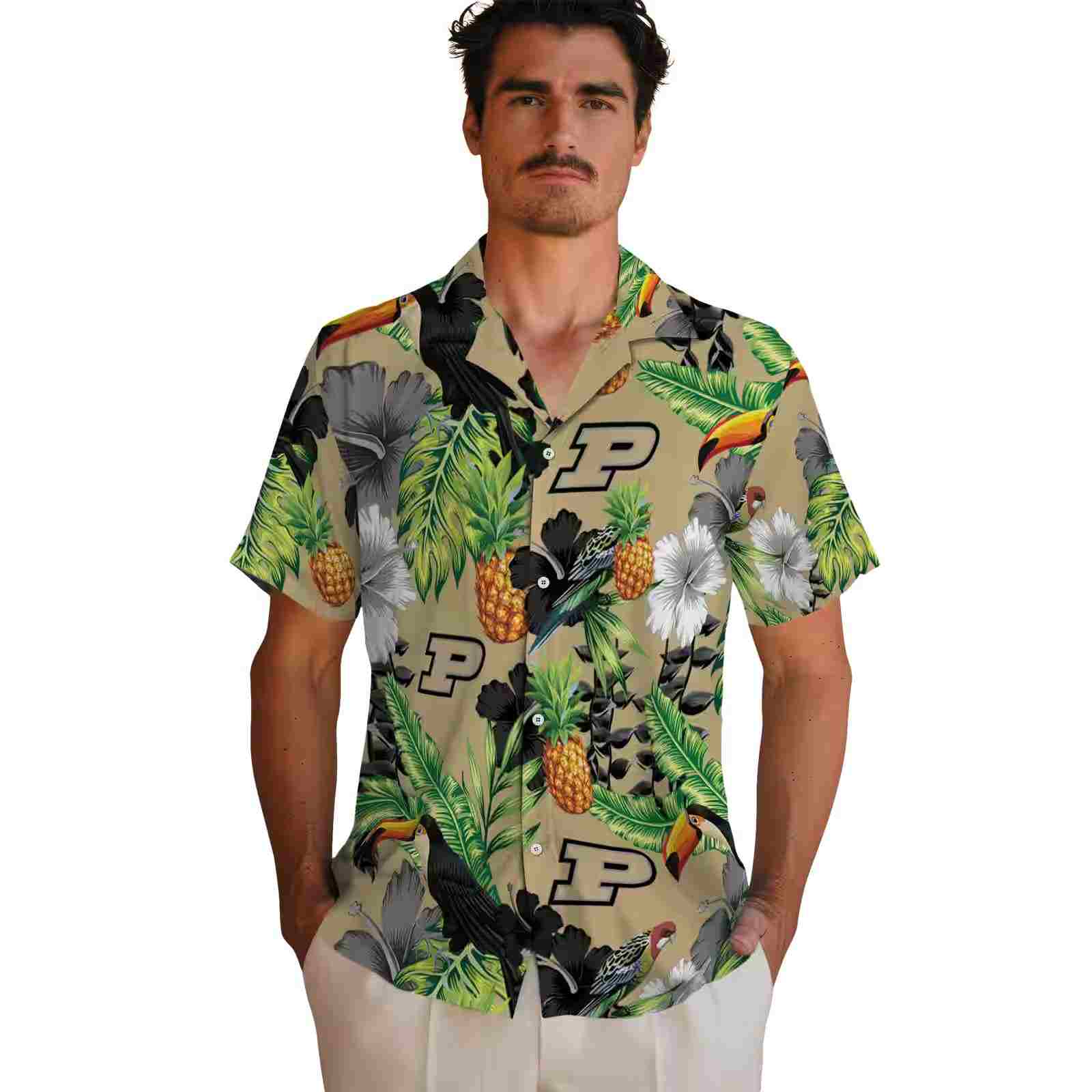 purdue boilermakers toucan hibiscus pineapple gold green hawaiian shirt fashion forward