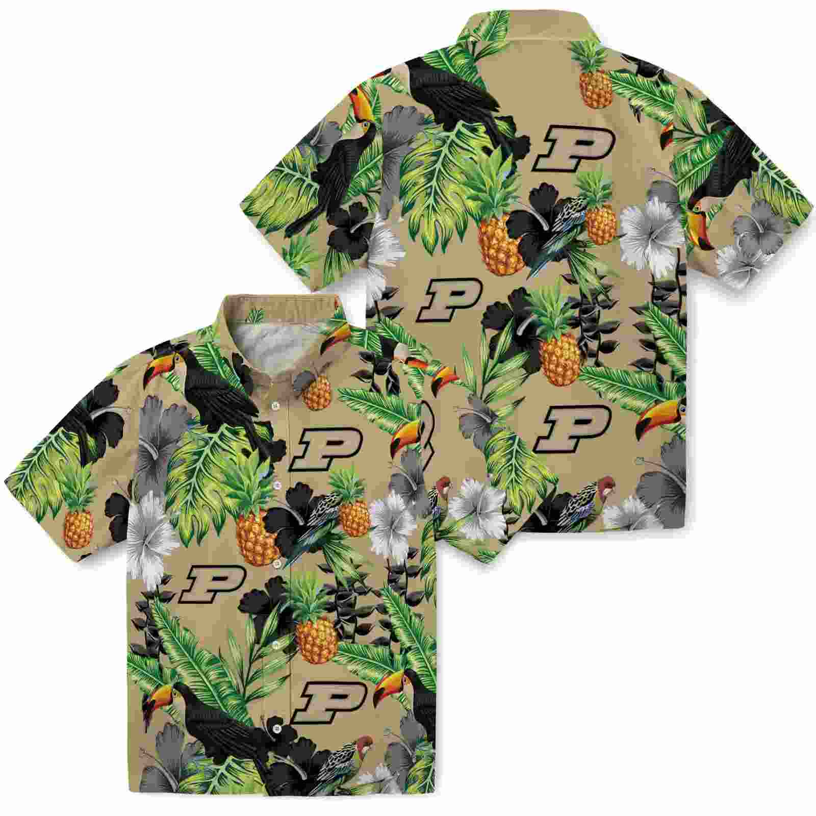 purdue boilermakers toucan hibiscus pineapple gold green hawaiian shirt high quality