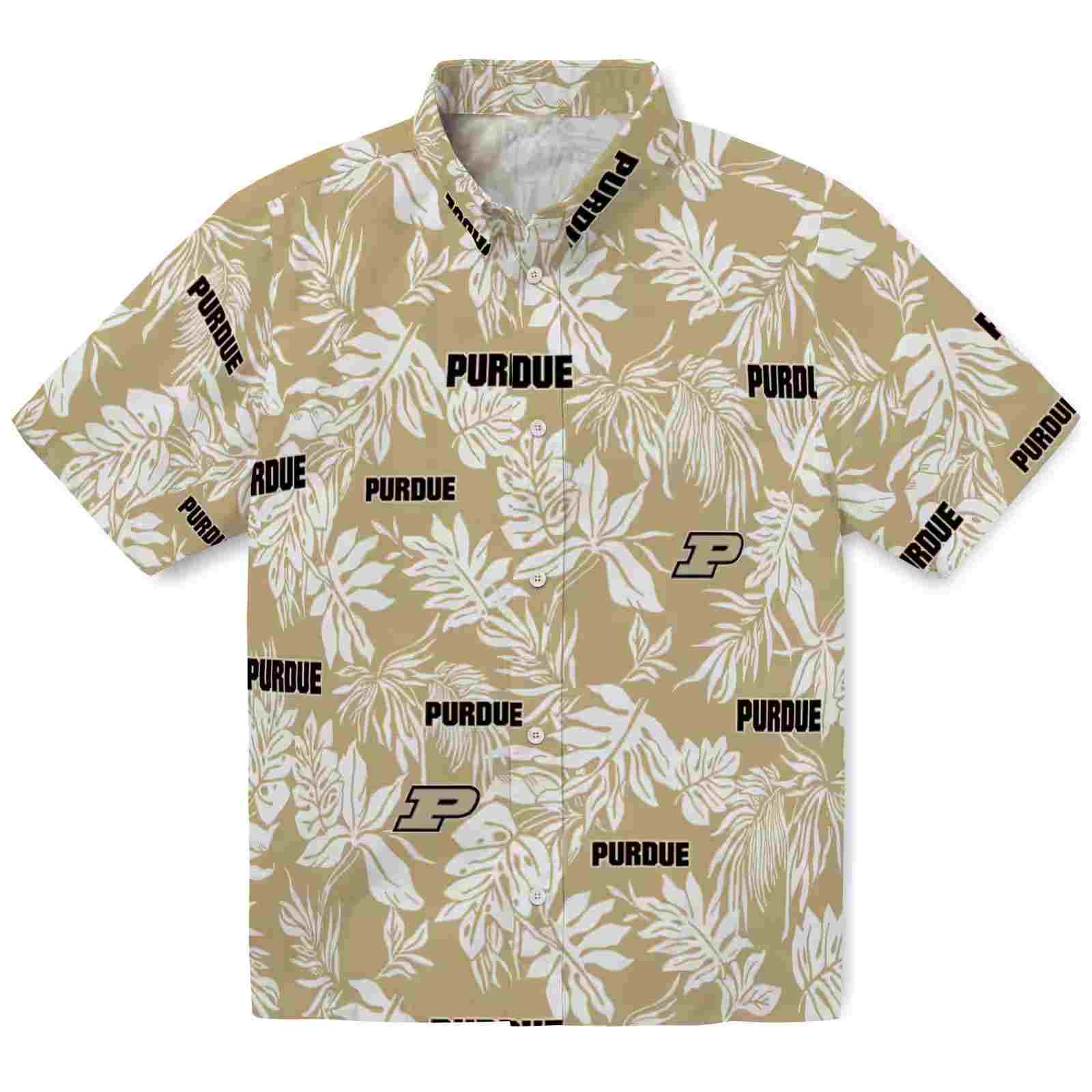 Purdue Boilermakers Tropical Leaf Gold White Hawaiian Shirt