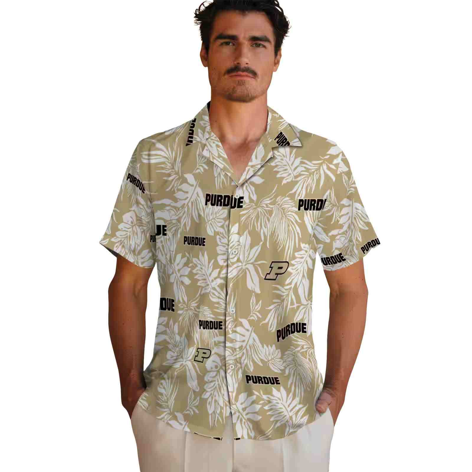 purdue boilermakers tropical leaf gold white hawaiian shirt fashion forward