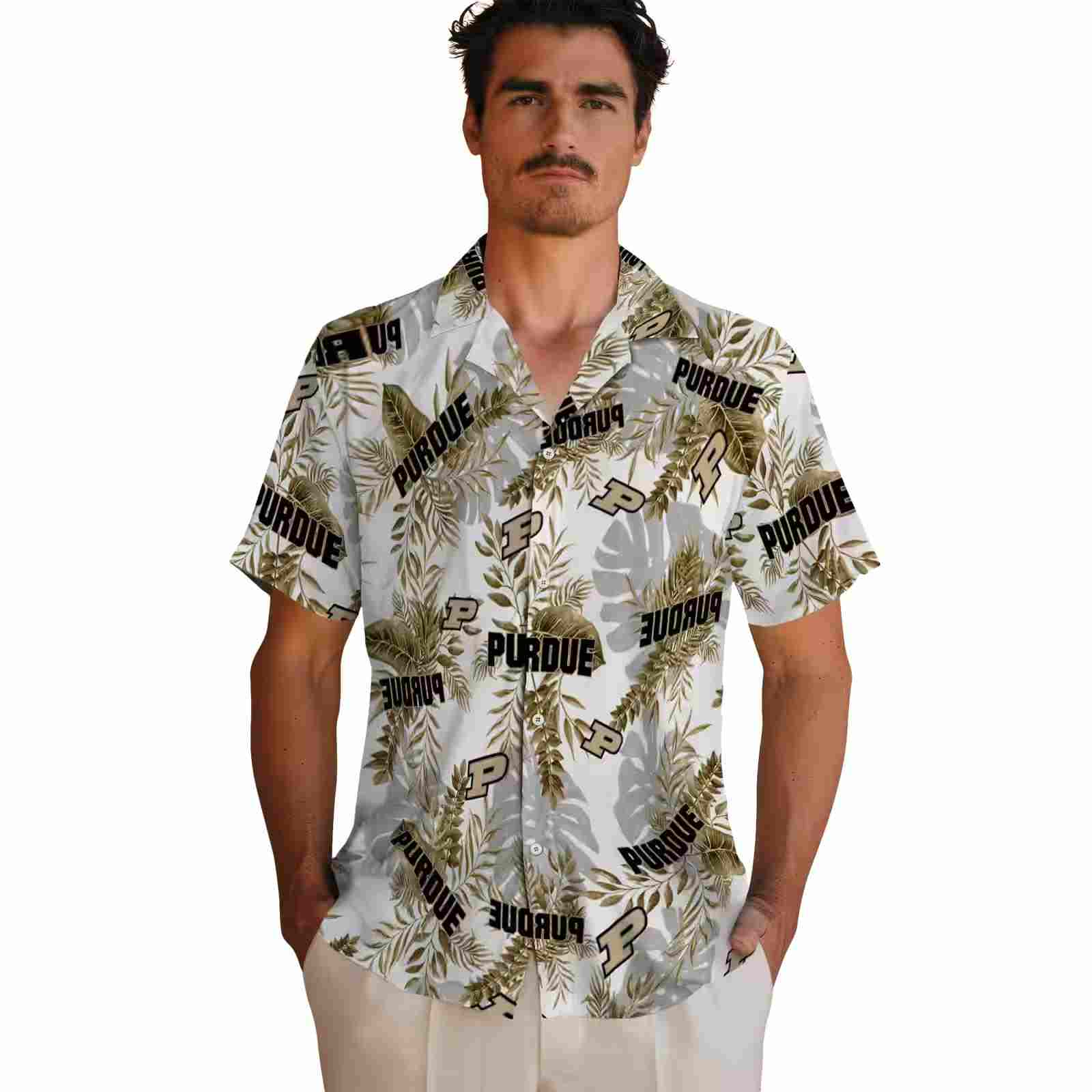 purdue boilermakers tropical leaves white hawaiian shirt fashion forward