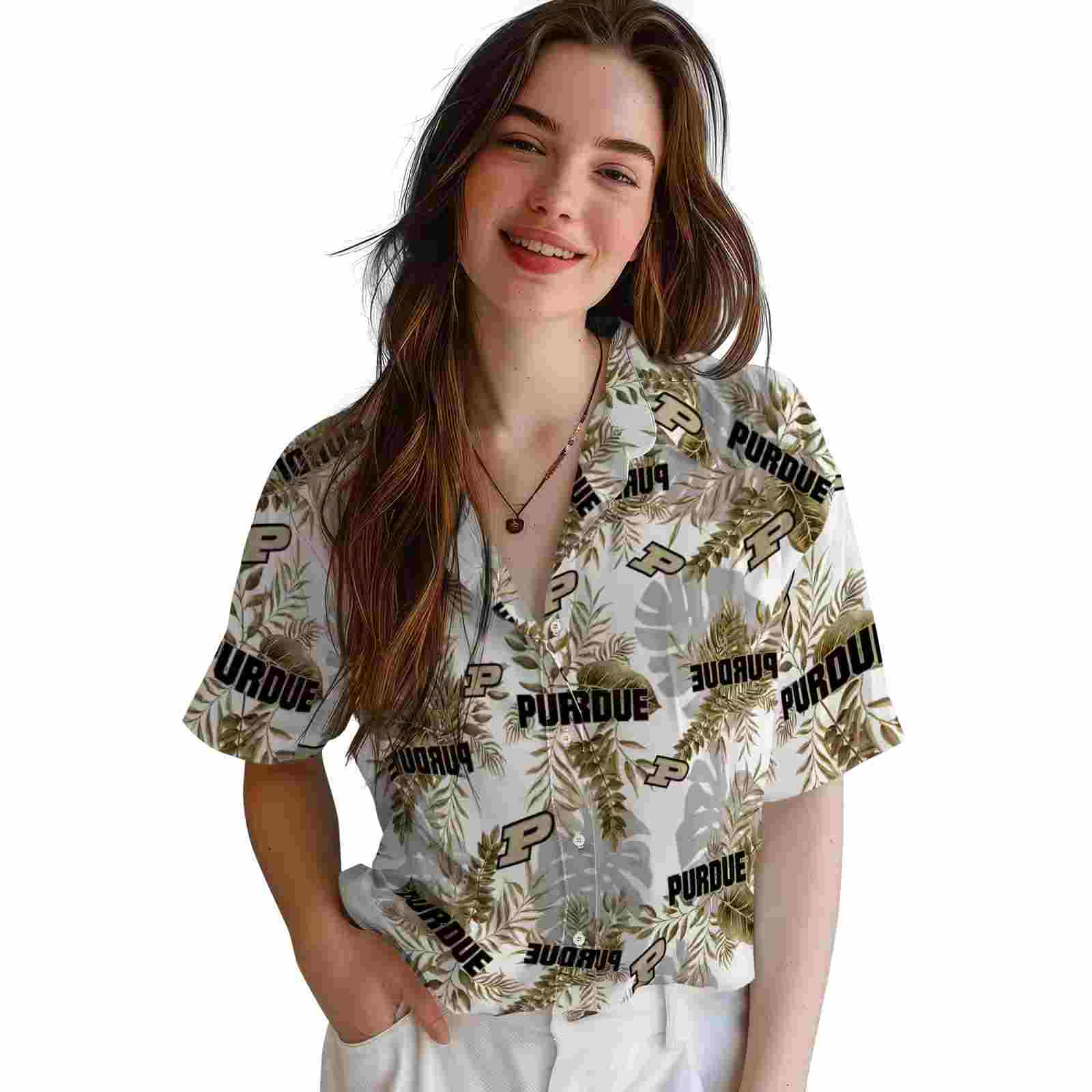 purdue boilermakers tropical leaves white hawaiian shirt latest model