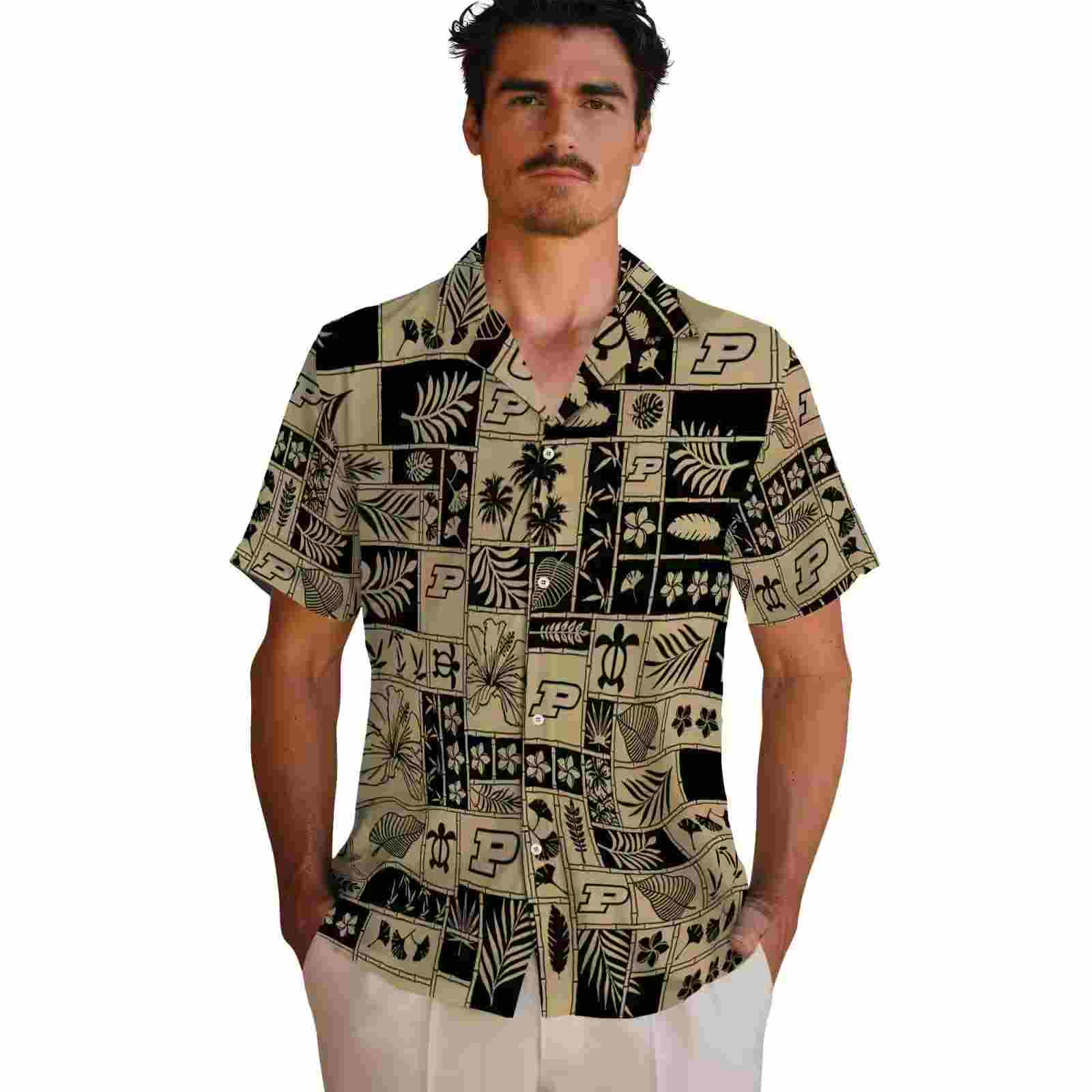 purdue boilermakers tropical patchwork gold black hawaiian shirt fashion forward