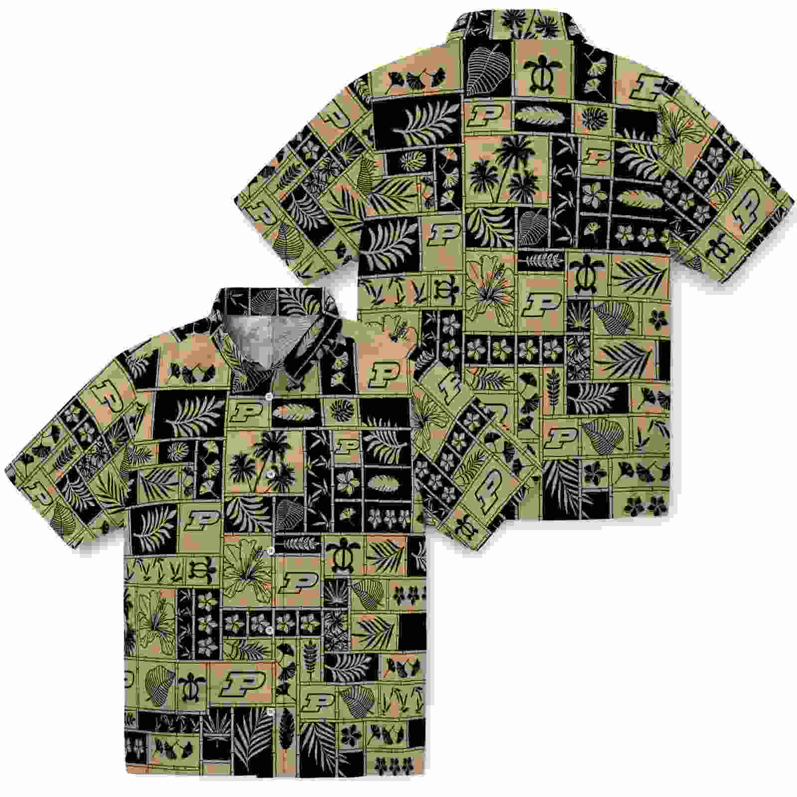 purdue boilermakers tropical patchwork gold black hawaiian shirt high quality