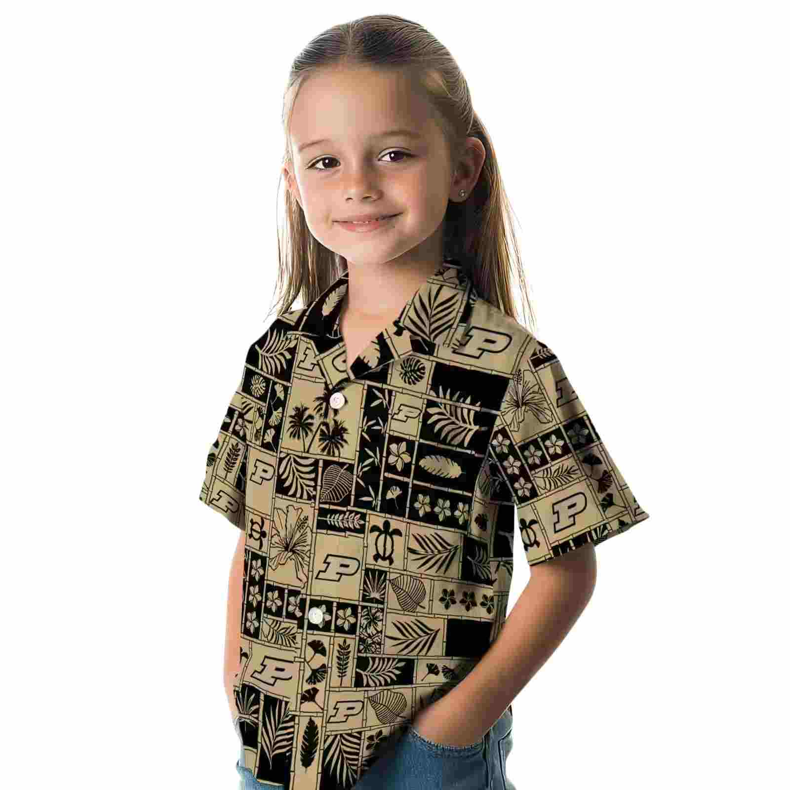 purdue boilermakers tropical patchwork gold black hawaiian shirt premium grade