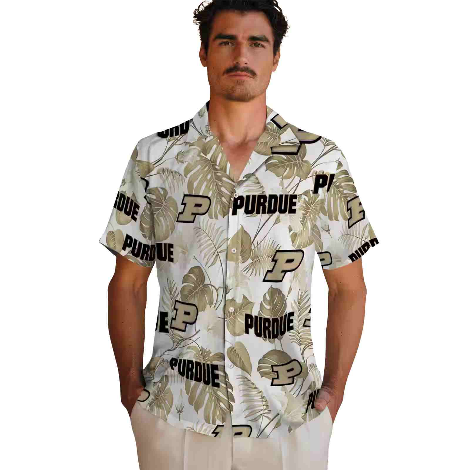 purdue boilermakers tropical plants gold white hawaiian shirt fashion forward