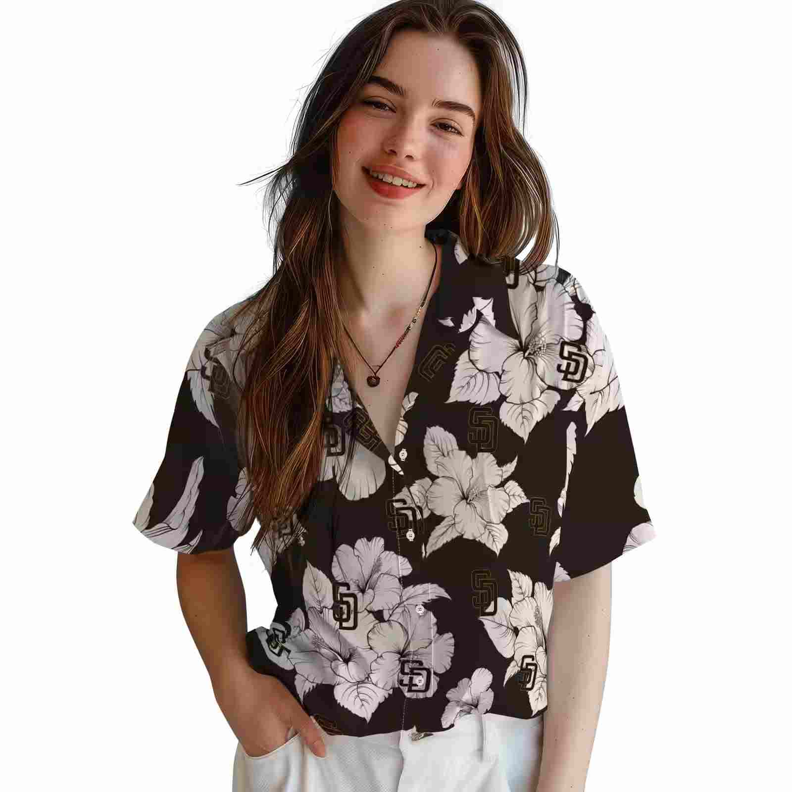 san diego padres hibiscus blooms brown white hawaiian shirt latest model