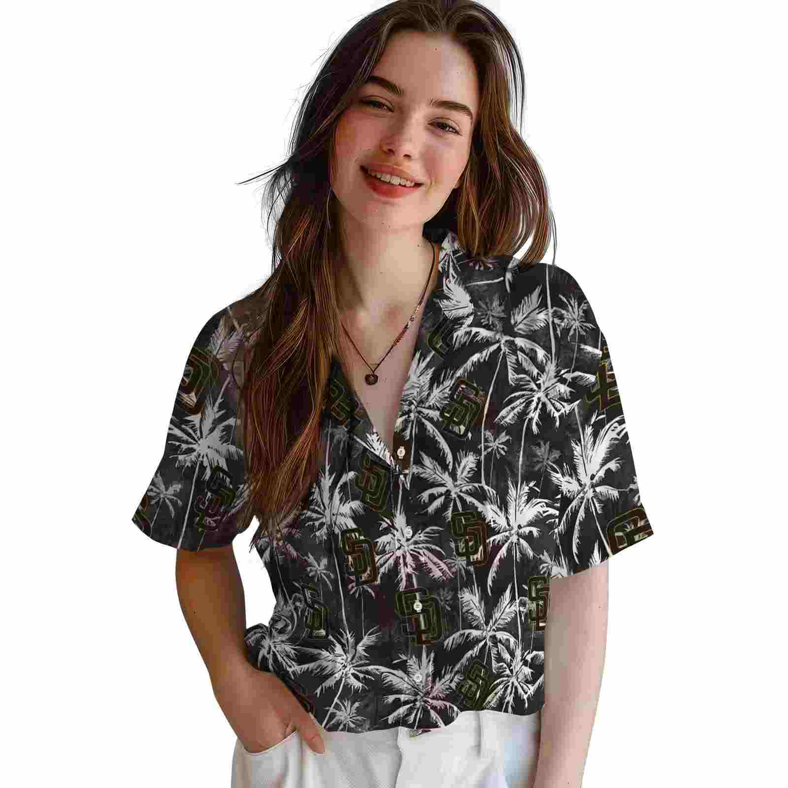 san diego padres palm pattern brown black hawaiian shirt latest model