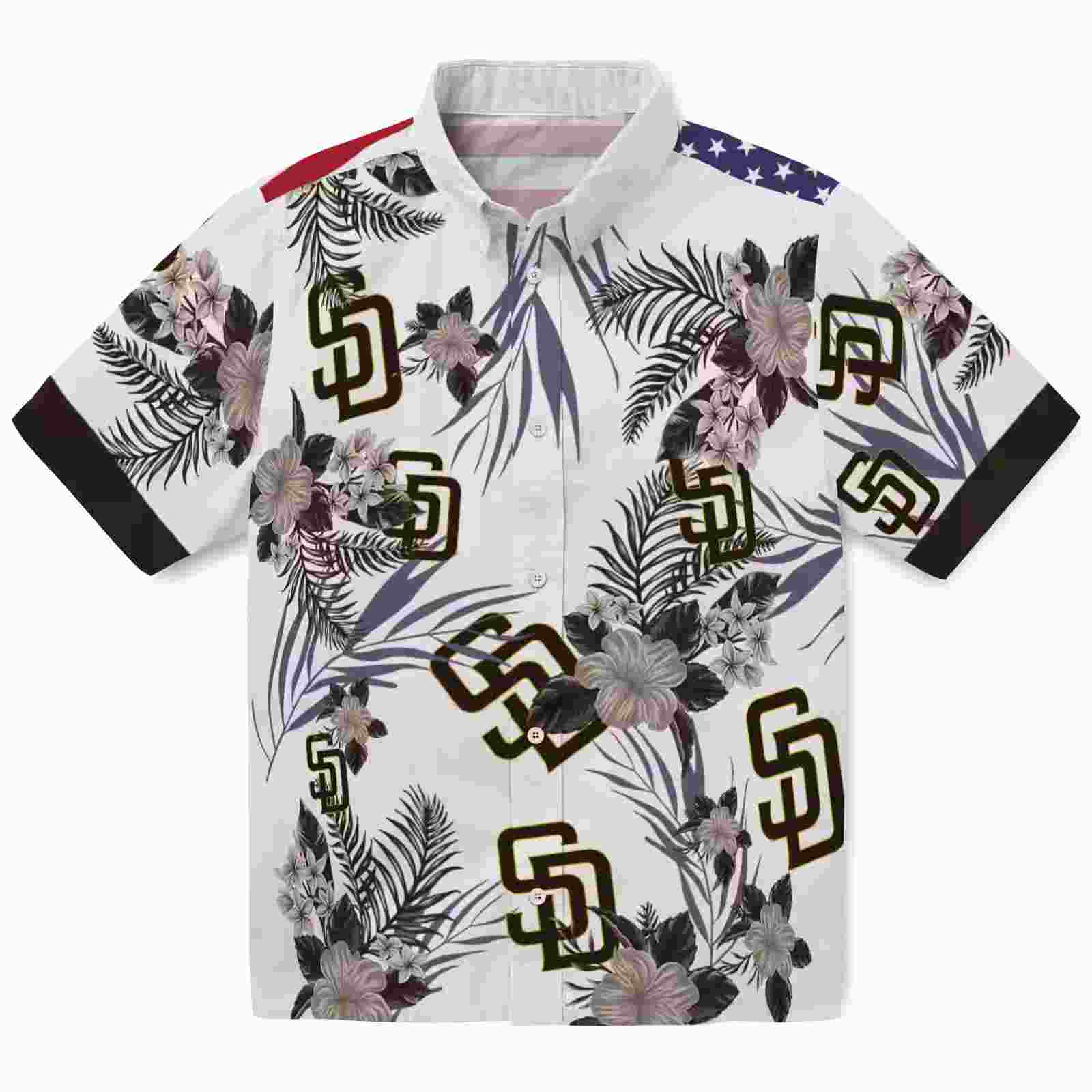 San Diego Padres Patriotic Hibiscus Design Brown White Hawaiian Shirt