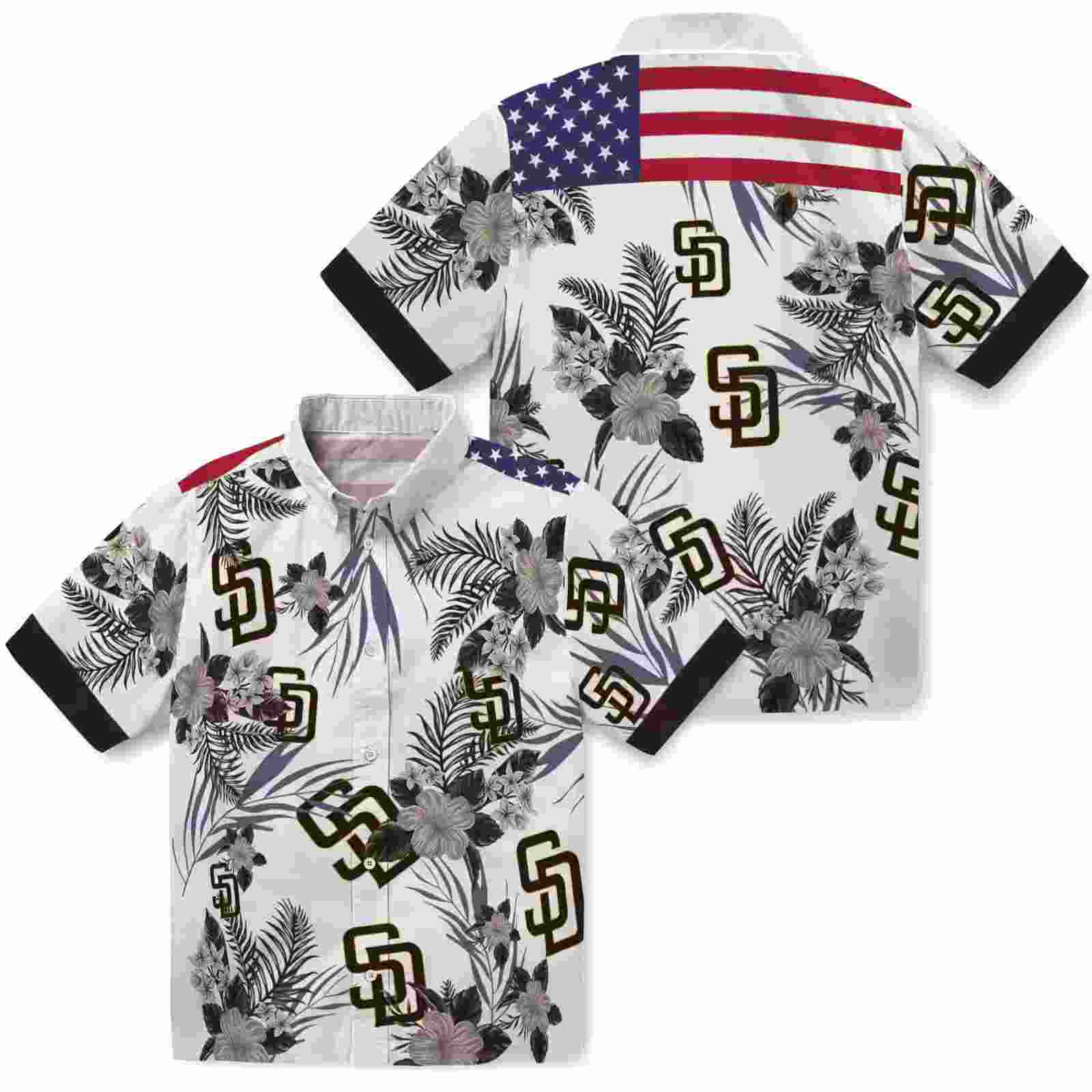 san diego padres patriotic hibiscus design brown white hawaiian shirt high quality