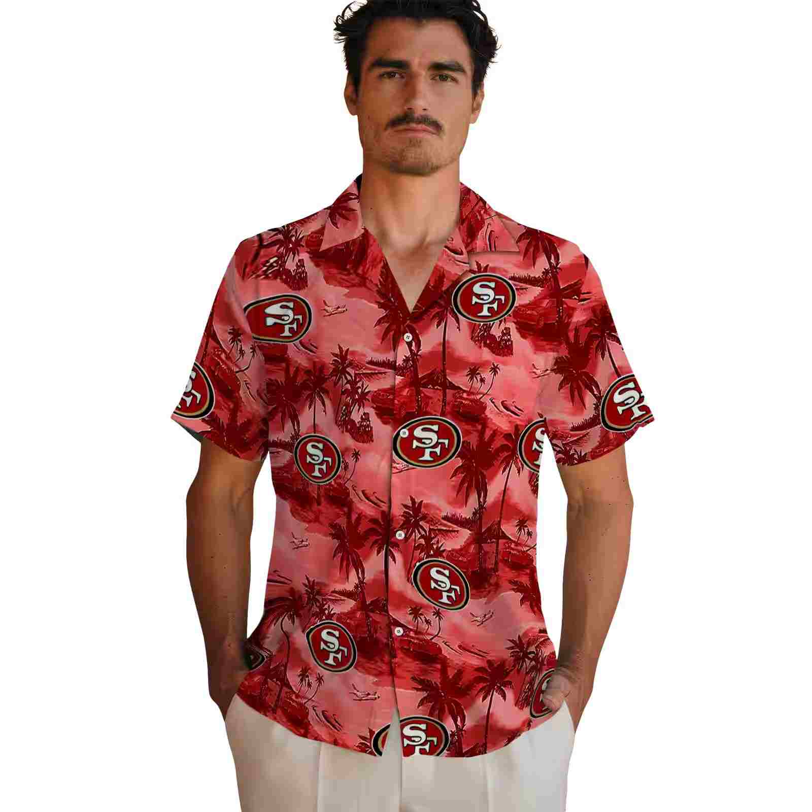 san francisco 49ers coastal palms red hawaiian shirt fashion forward