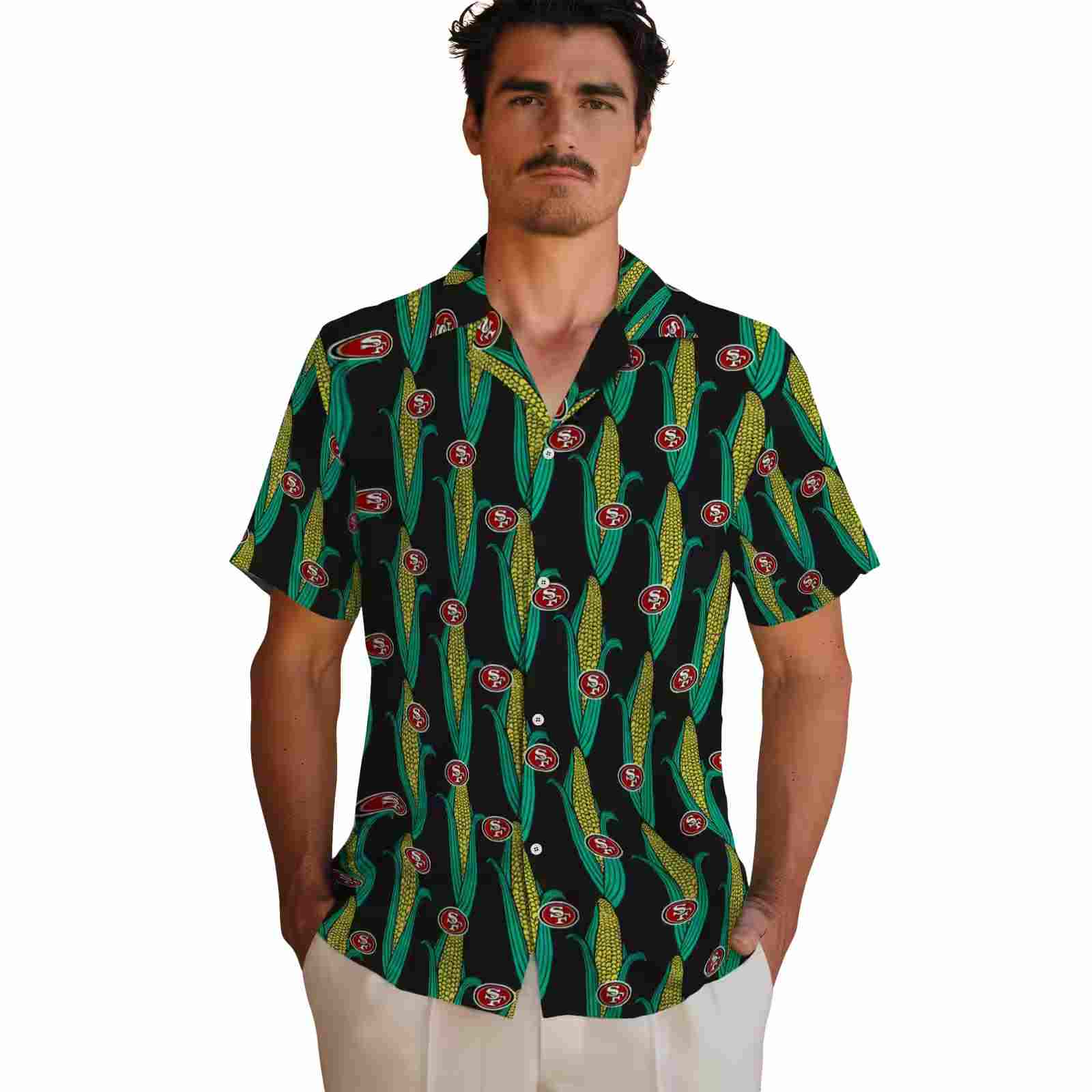 san francisco 49ers corn motifs black green hawaiian shirt fashion forward