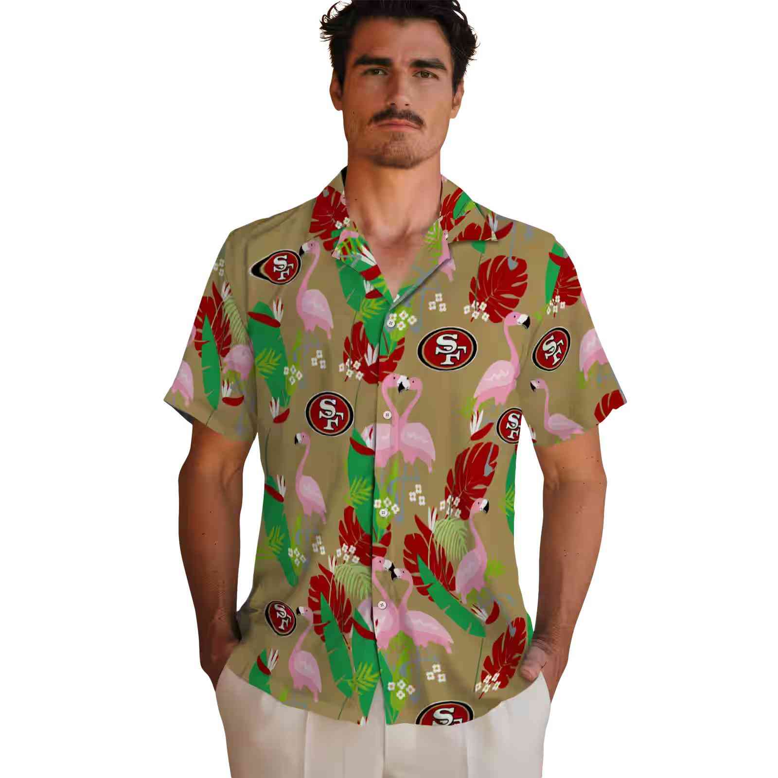 san francisco 49ers flamingo foliage red green hawaiian shirt fashion forward