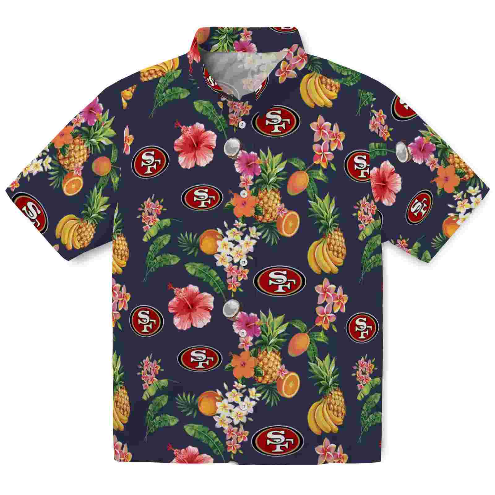 san francisco 49ers hibiscus and fruit navy blue hawaiian shirt best selling