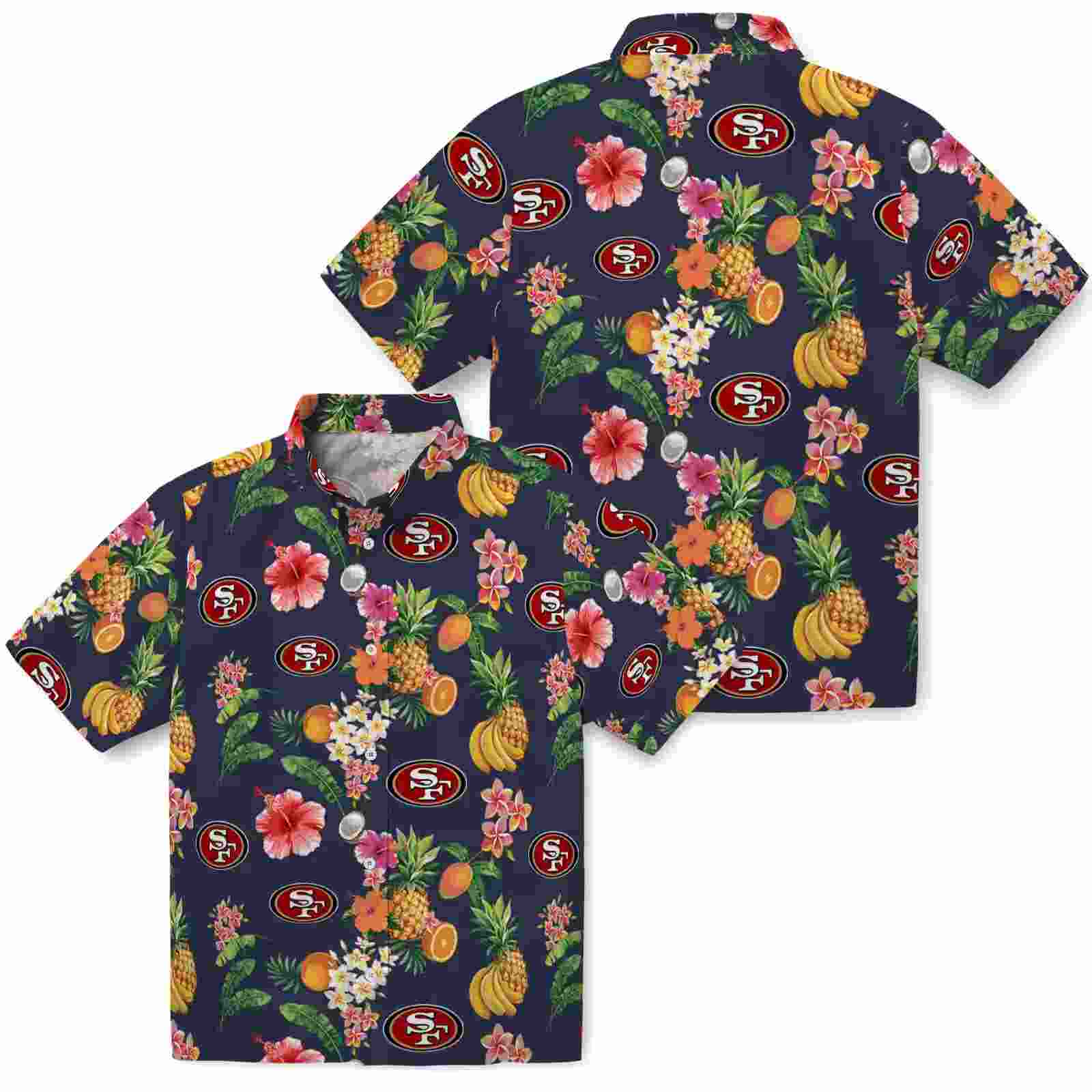 san francisco 49ers hibiscus and fruit navy blue hawaiian shirt high quality